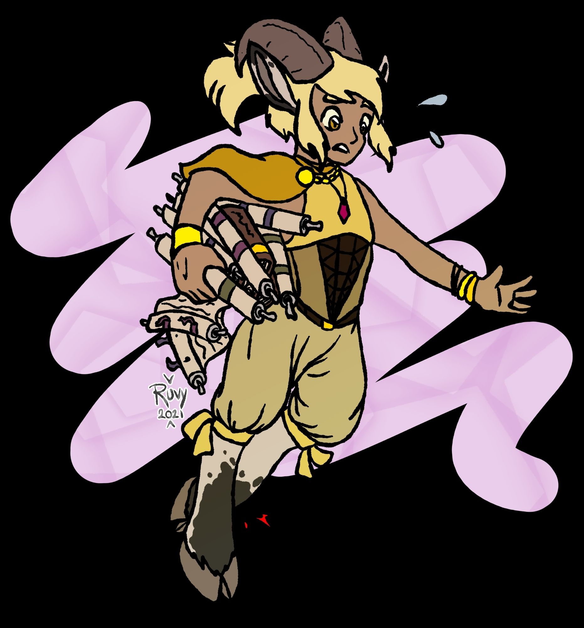 Colored drawing of a satyr character in yellow-toned fantasy clothes. Their fur is cream colored with black splotchy markings and they have light tan skin and blond hair. They're mid-stumble and dropping a collection of scrolls. The background is an abstract pink blob of color. 