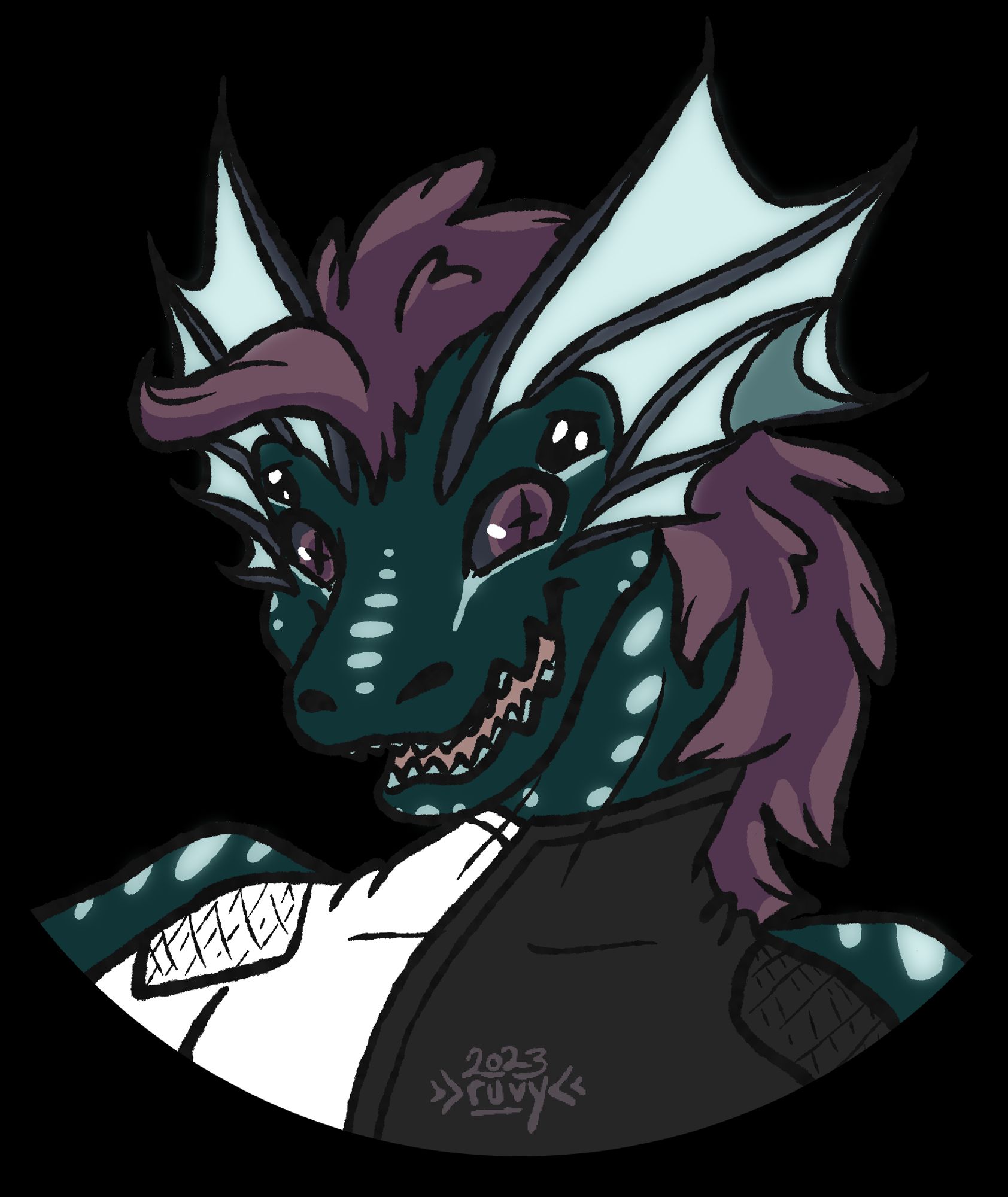 A colored, backgroundless bust drawing of a dragon-like alien character. They have two sets of eyes, a jagged snout of pointy teeth, and webbed fans that sweep back from their brow ridges and cheeks. They are dark green with glowing pale blue spots, and a purple toned mane down between the fins and down the back of their neck. They wear a snug top with padding on the shoulders, split vertically down the center in black and white. One set of eyes is smaller and pure black, while the other set is larger and has cross-shaped pupils. They grin with a slightly open mouth.