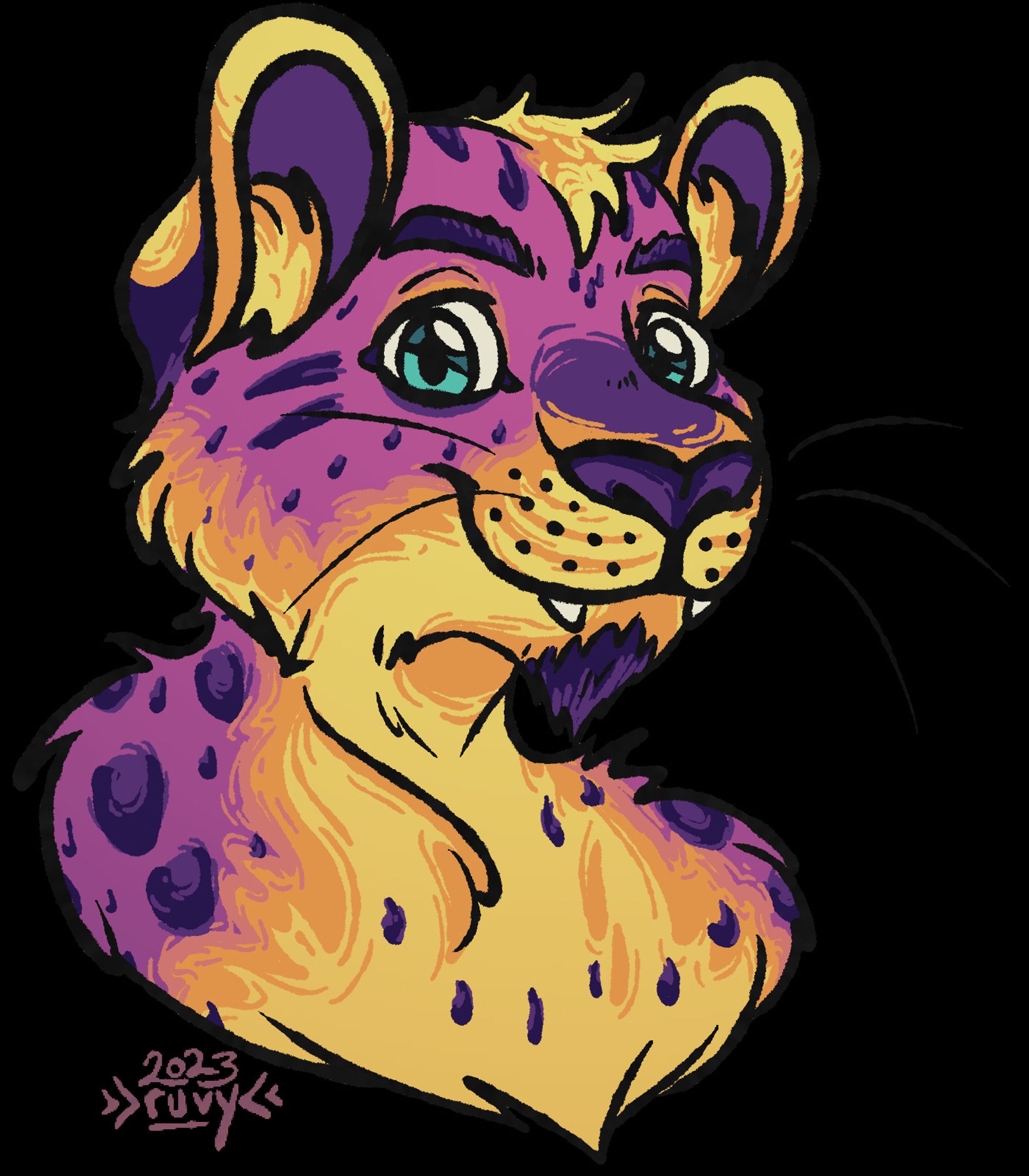 A colored, backgroundless drawing of an anthro big cat character, with sunset-like hues. They have cyan eyes, pink fur, a yellow-orange belly, and purple leopard spots. They have a purple goatee and eyebrows. They look toward the viewer with a neutral smile.