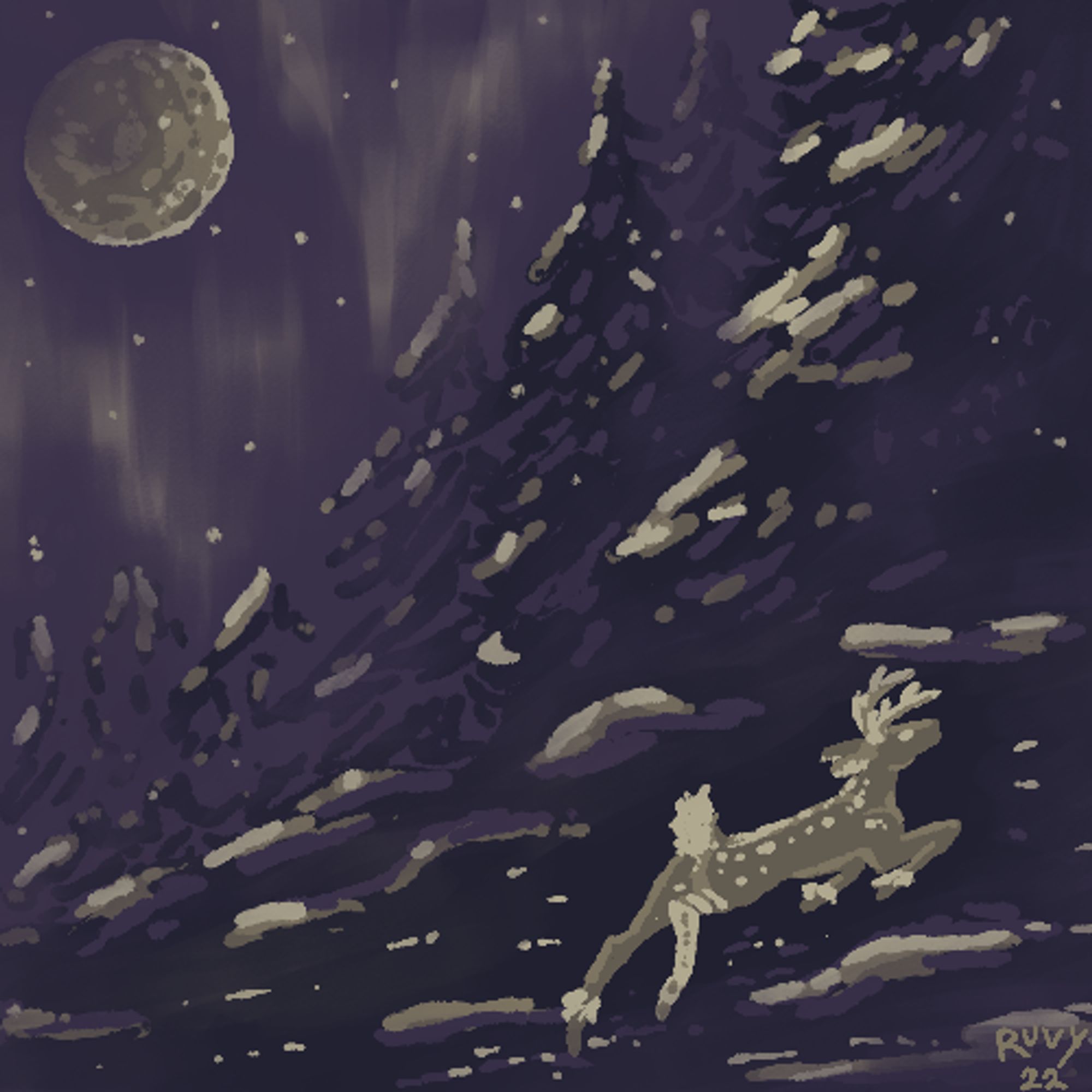 A square illustration with a limited color palette of dark purples and unsaturated tans. It vaguely shows a pine forest at night with a moon, stars, and auroras in the sky, and a deer with antlers, spots, and a fantasy prosthetic hind leg in the foreground, leaping toward the right side. Spots of lighter color hint that there is snow clinging to the trees and ground.