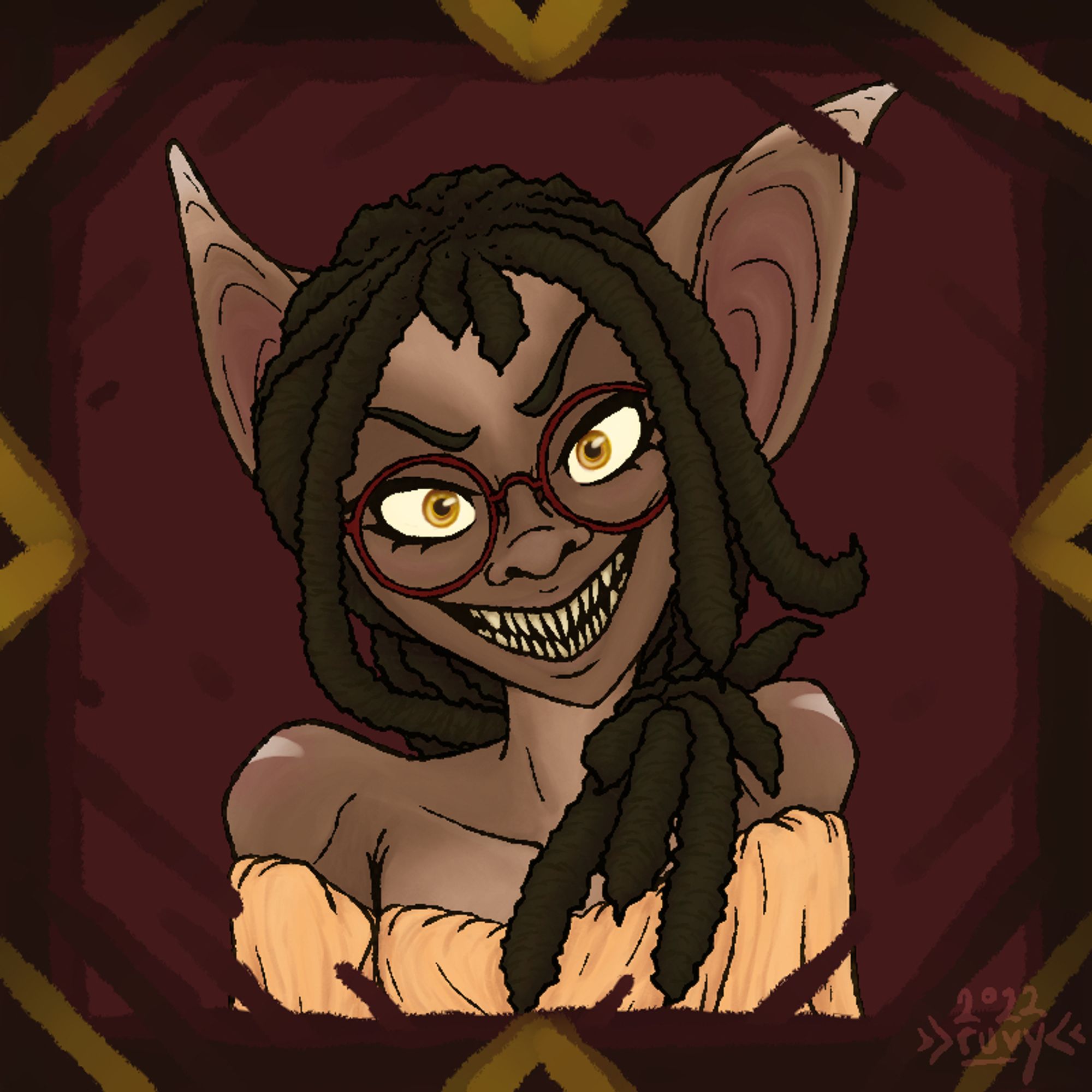 A colored drawing, framed with abstract patterns. The subject is a thin girl with an unsettling grin, with too many thin, pointed, yellowed teeth. She looks directly at the viewer. She has bat-like features and markings on her skin, gold colored eyes, dark brown dreadlocks tied loosely, and large bat ears. She wears a pale yellow shoulder-less blouse and red glasses with large round frames. The color palette is all dull blood red with touches of muddy gold.