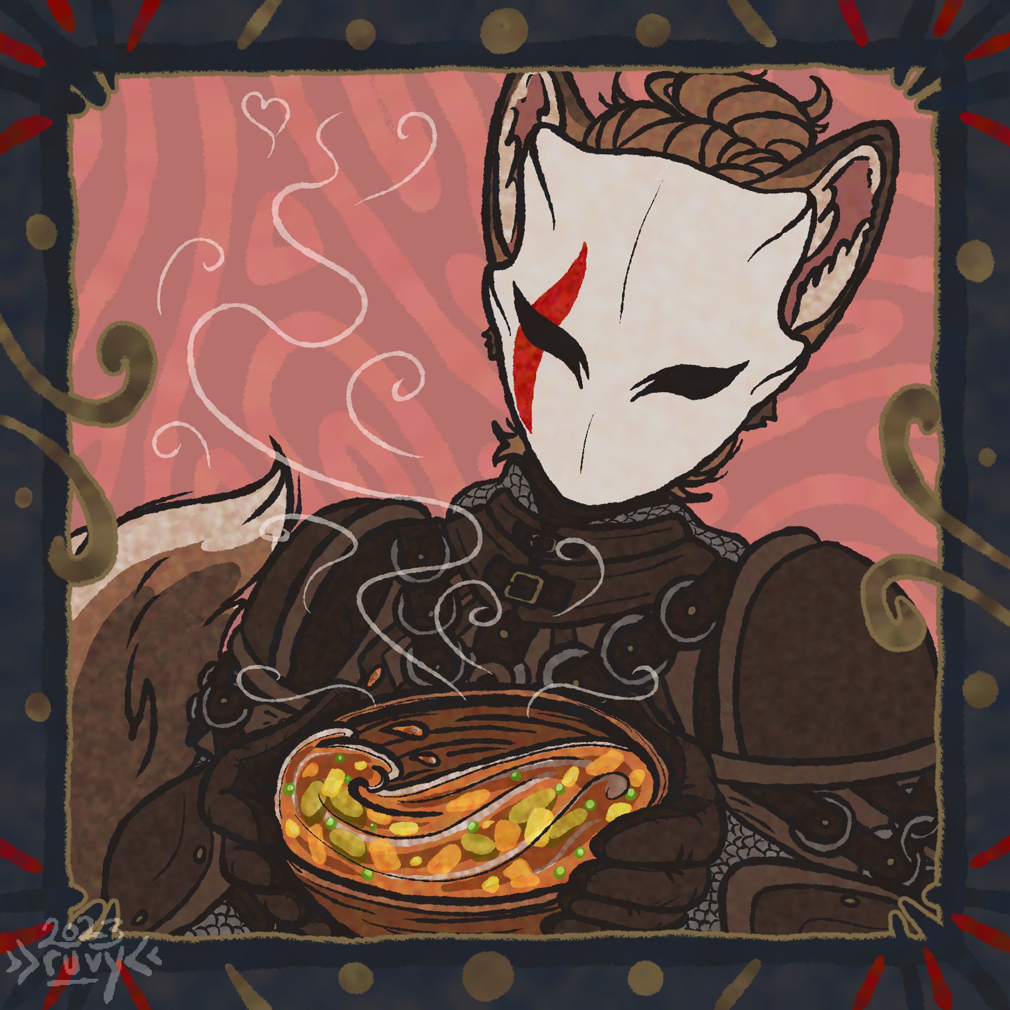 A colored bust of a character named Fang. She wears ringmail armor and a white mask, which has no specific features besides a red streak on the right eye, and 4 small symmetrical ridges, two on each side of the forehead. She has chocolate colored hair in a bun, and the ears and tail of wolf. She holds out a bowl of soup toward the viewer, sloshing slightly and giving off stylized steam. The background and frame are made of abstract shapes and colors, mostly navy blue, dull gold, and light red.