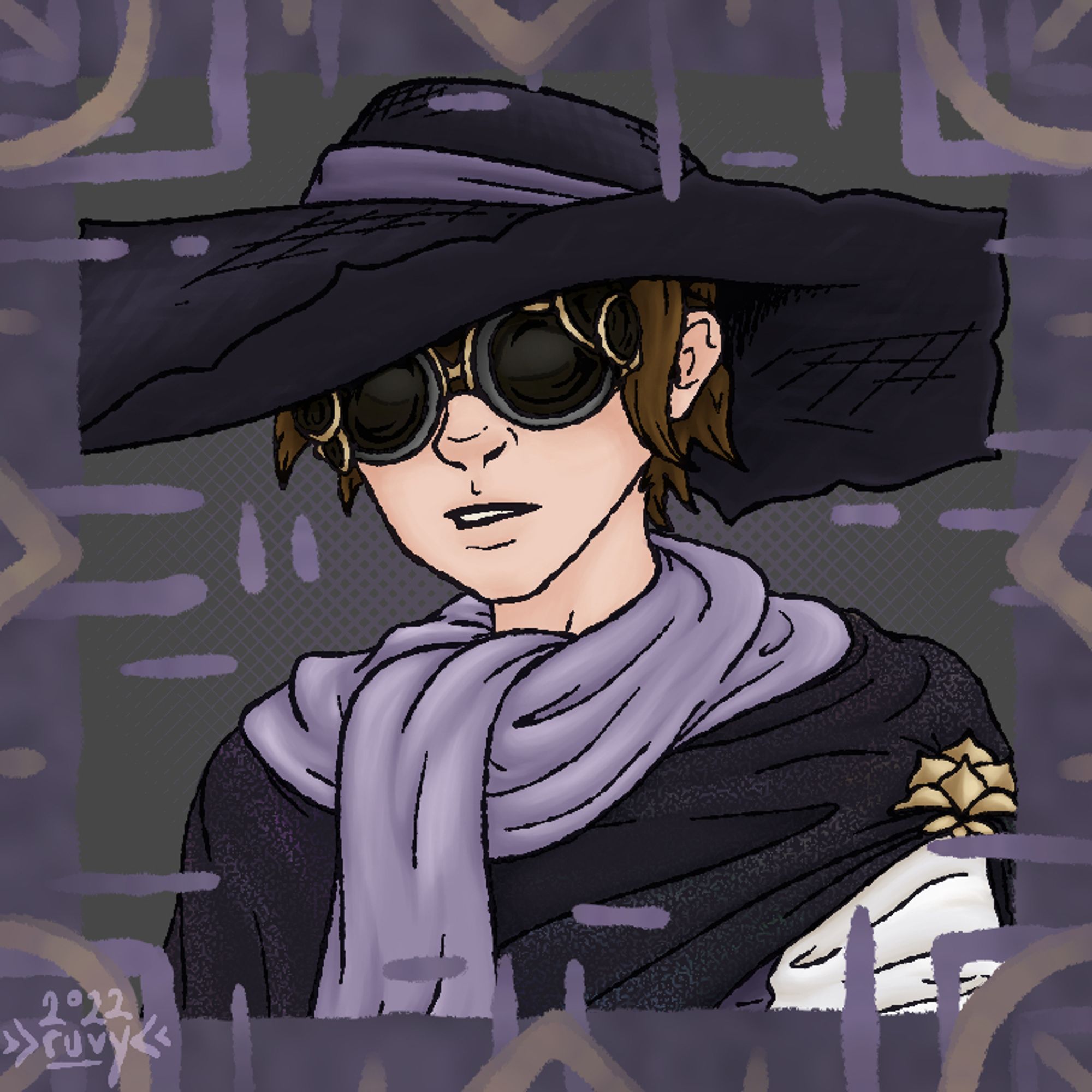 A colored drawing, framed with abstract patterns. The subject is a man with brown hair in a wide-brimmed purple hat and shimmering magical cloak. He also wears complex tinkerer's goggles over his eyes, and a light purple scarf. The color palette is mostly dull purple and gray.