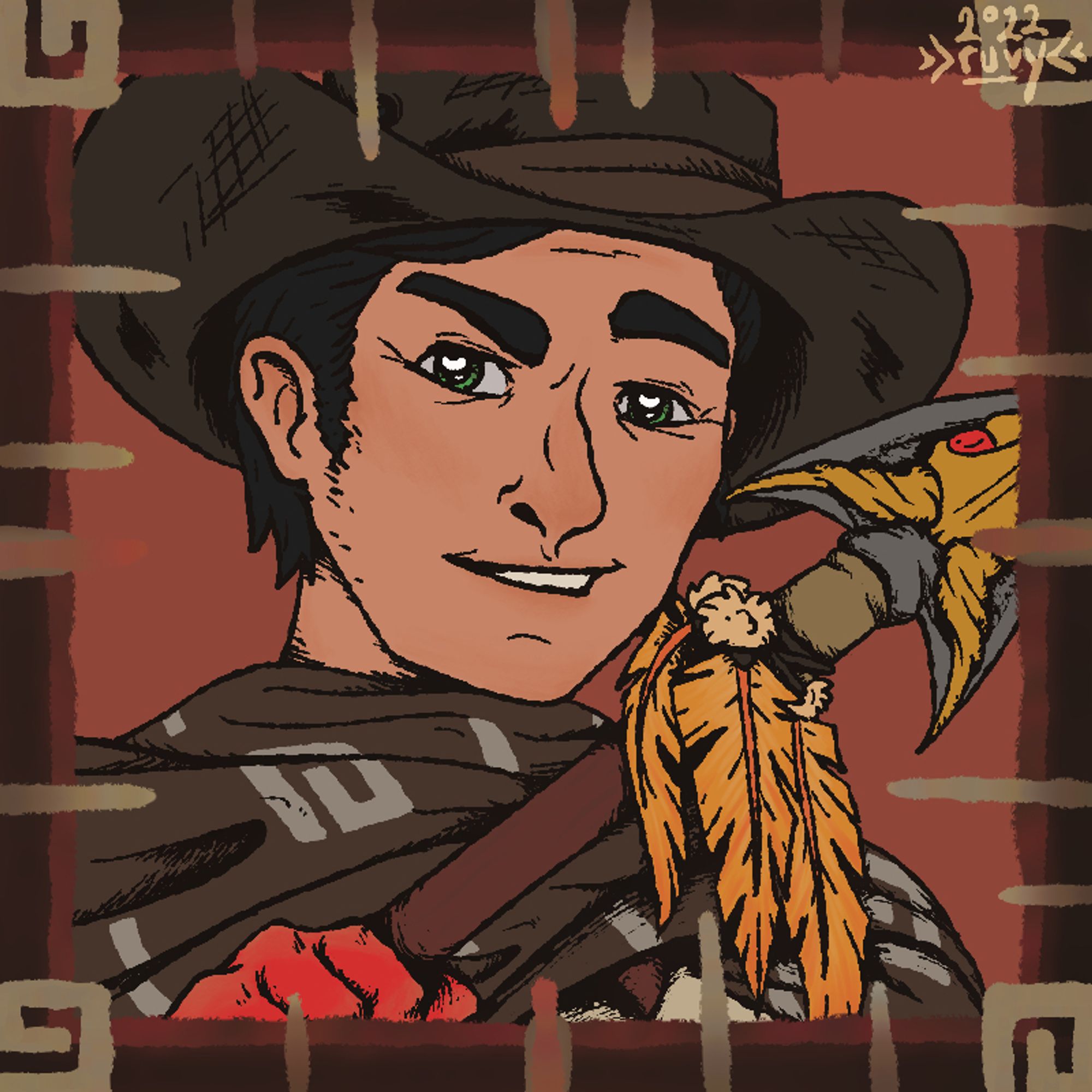 A colored drawing, framed with abstract patterns. The subject is a man with dark hair in a cowboy's hat and poncho, with green eyes and holding a fancy spear. His hand is bright red. The spear is decorated with bright orange feathers, and the tip is molded with the skull of a horned creature with red gems for eyes. The color palette is mostly brown and dull red.