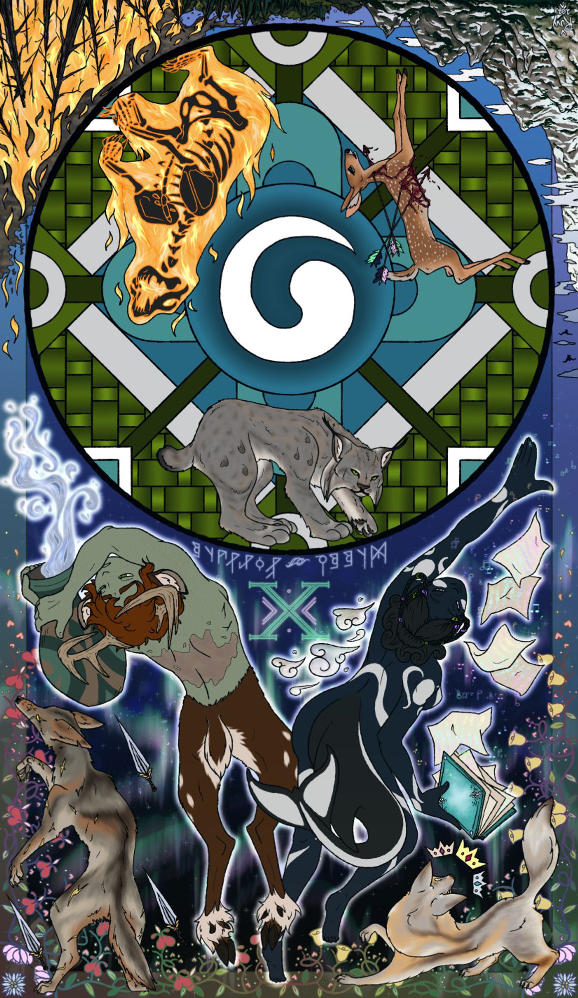 A full-color drawing in the size and style of a Wheel of Fortune tarot card. It features two women in the foreground, one with orca features and a magic book, and one a faun with green skin and scars who pours water from a jug. On the lower half is a patterned circle with a Canada lynx at the top, the skeletal silhouette of a bear wreathed in flames on one side, and a deer faun struck with arrows on the other.  In the background are scenes of a mountainside and a forest fire, as well as a night sky with auroras, a fox, and a coyote. It is inverted.