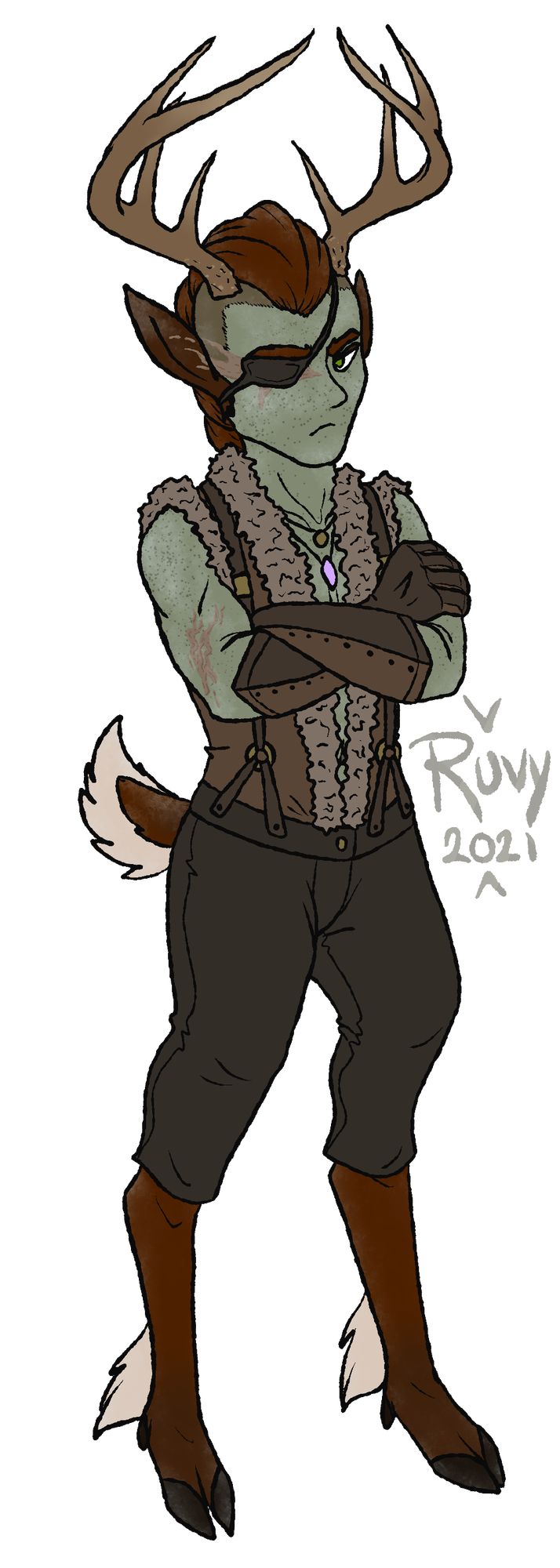 A colored drawing of a tall faun with full whitetail deer-styled antlers, russet fur and hair, and dull green, scarred skin. She is wearing an eye patch over a heavily scarred right eye. She stands with crossed arms and a scowl, wearing cropped gray-brown slacks and a fur-lined sleeveless vest with suspenders, and long leather gloves.