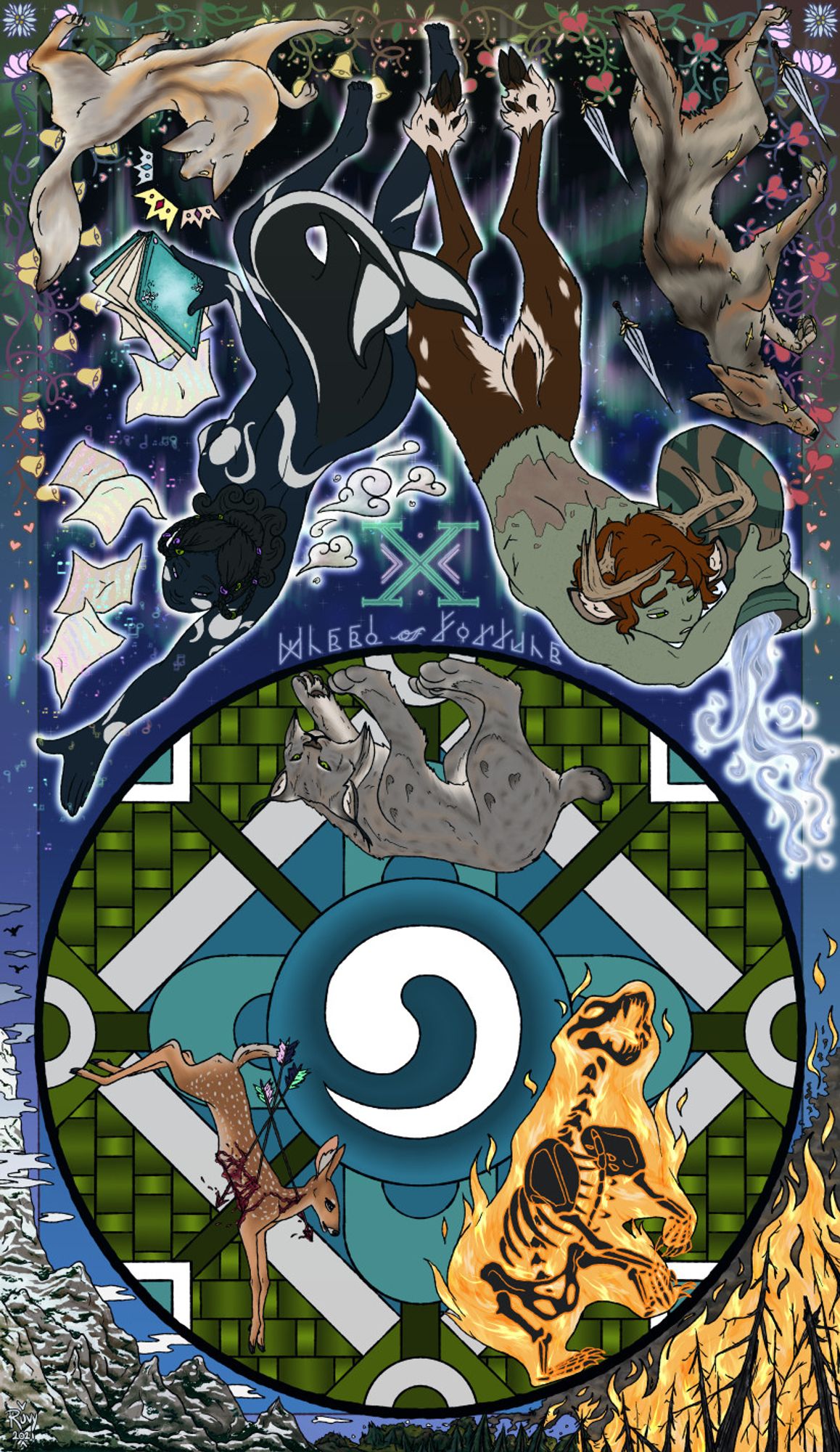 A full-color drawing in the size and style of a Wheel of Fortune tarot card. It features two women in the foreground, one with orca features and a magic book, and one a faun with green skin and scars who pours water from a jug. On the lower half is a patterned circle with a Canada lynx at the top, the skeletal silhouette of a bear wreathed in flames on one side, and a deer faun struck with arrows on the other.  In the background are scenes of a mountainside and a forest fire, as well as a night sky with auroras, a fox, and a coyote.