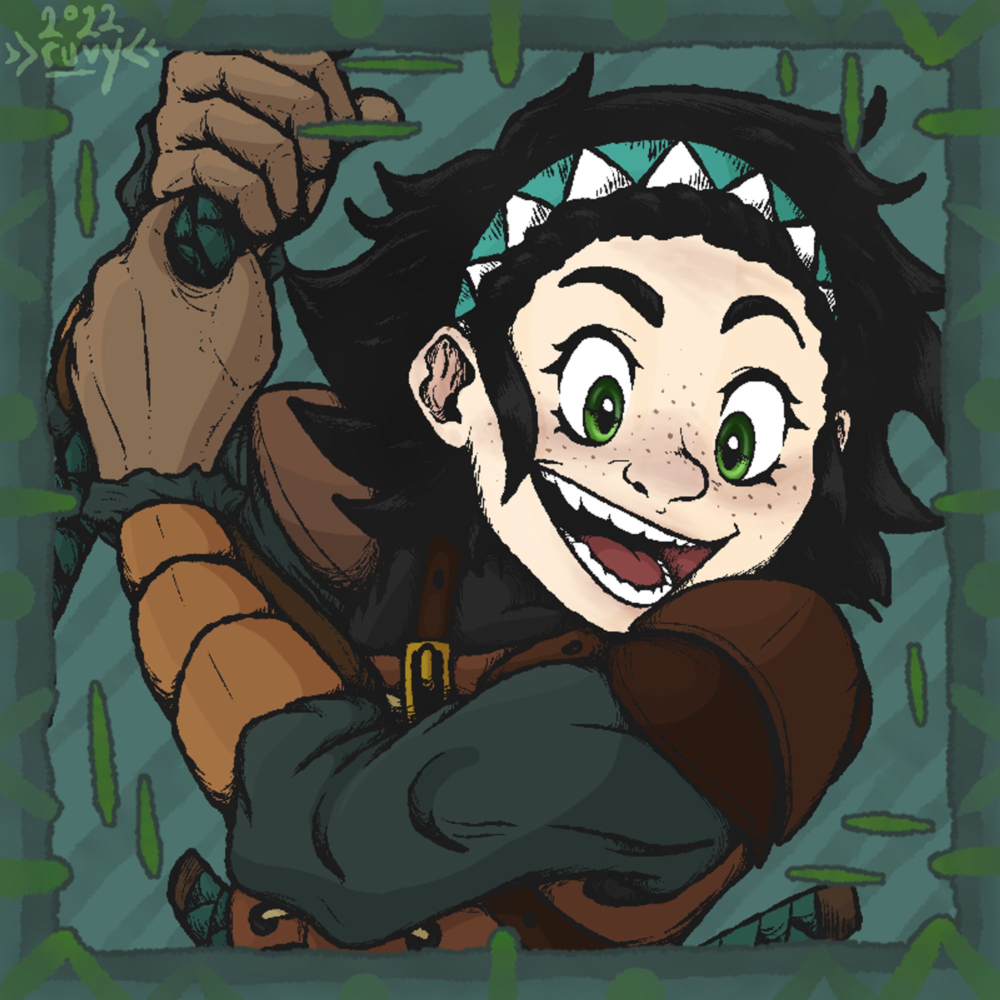 A colored drawing, framed with abstract patterns. The subject is a black-haired, rambunctious looking young woman with short fluffy hair, held back by a white and teal zig-zag patterned headband. She has large, bright green eyes, freckles, and wears leather fantasy armor while eagerly swinging the handle of a large weapon just out of frame. The color palette is mostly dark teals and forest greens.