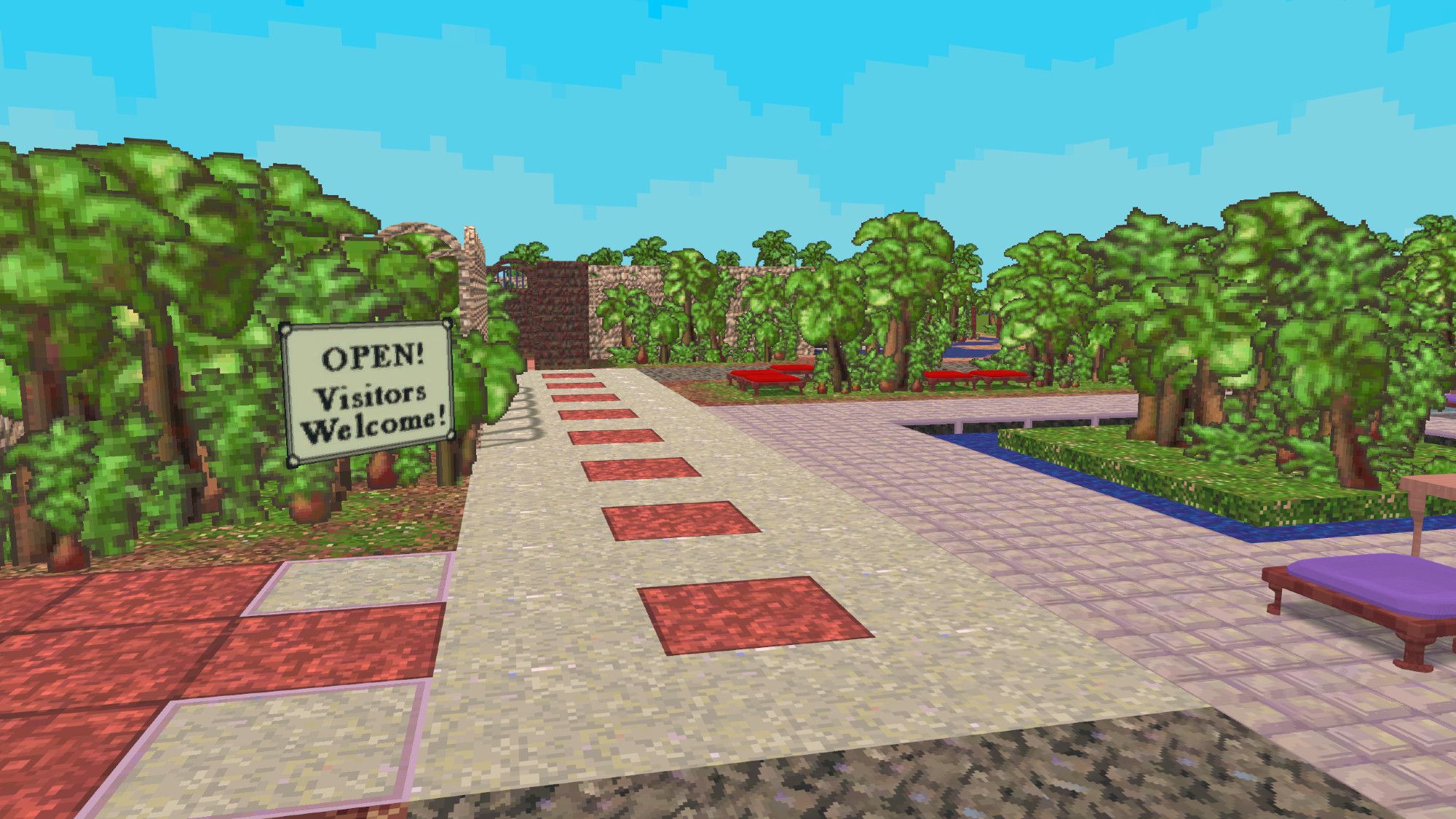 A pixel-art style 3D representation of the New Haven map from Furcadia. There are paths, and a sign that says "OPEN! Visitors Welcome"