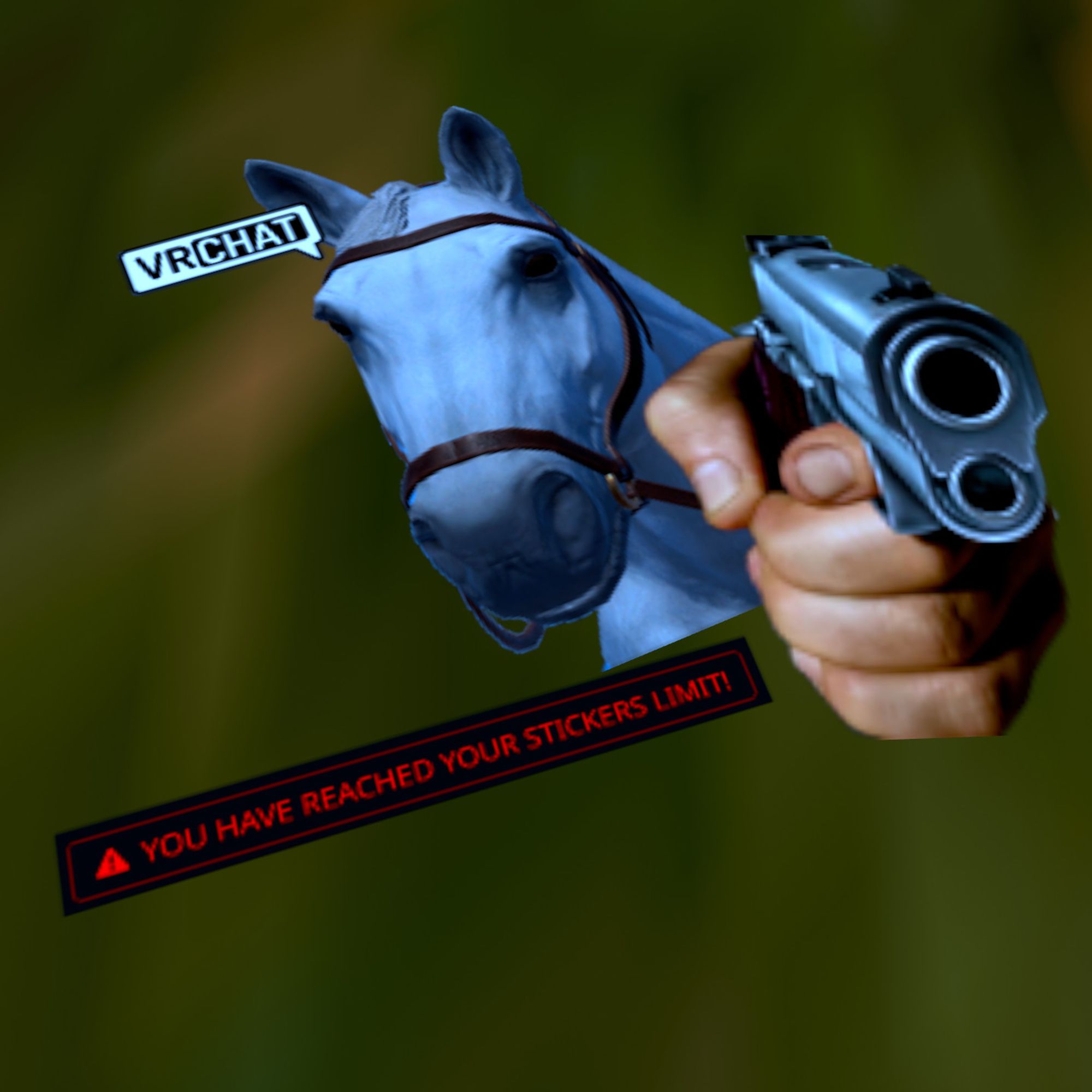 VRChat screenshot: Low resolution terrain texture, with 3 stickers on top. The VRChat Horse (1st sticker) holding a gun (2nd sticker) with the message "YOU HAVE REACHED YOUR MAXIMUM STICKER LIMIT" (3rd sticker)