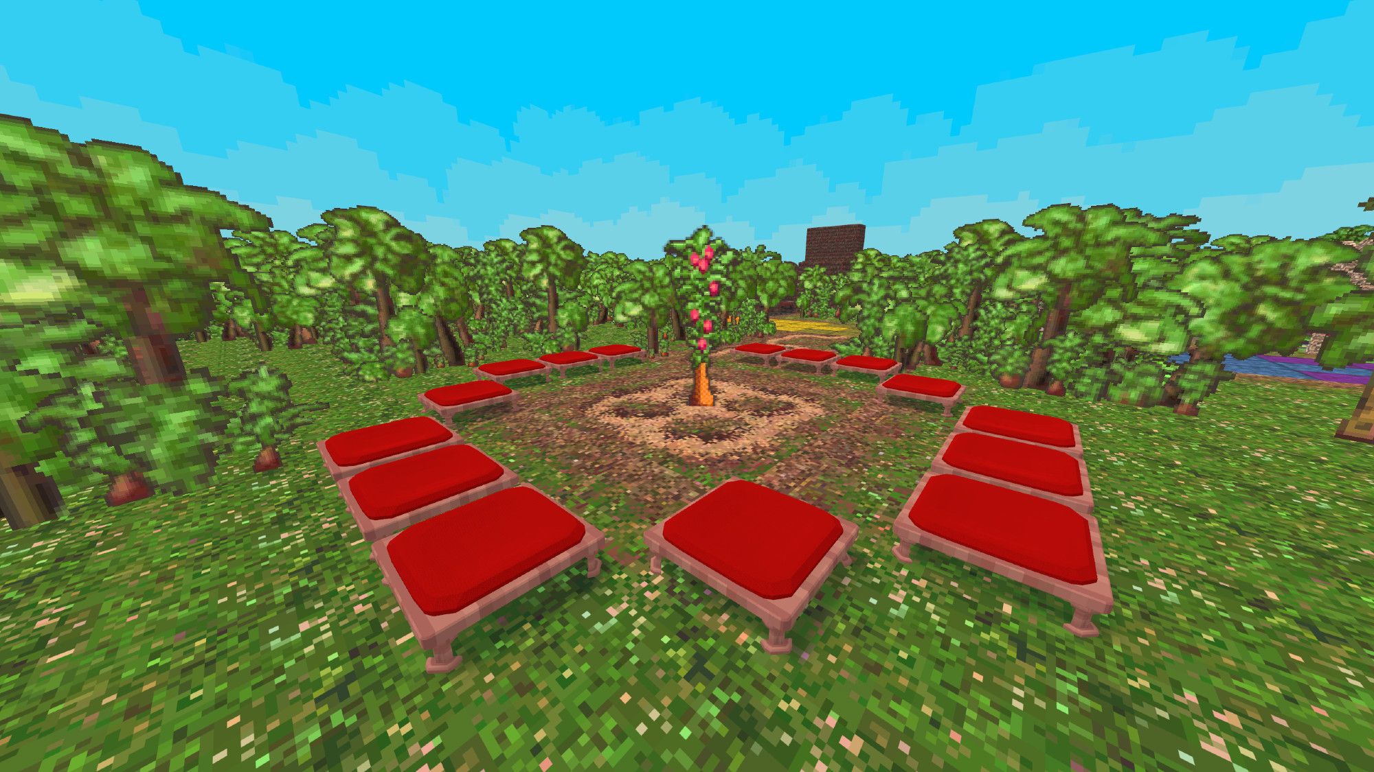 Low stools are in a forest clearing, surrounding a tall (pixelated) tree with bright pink berries. This is "The Pongo Tree" area from New Haven, from the program Furcadia, circa 2001.