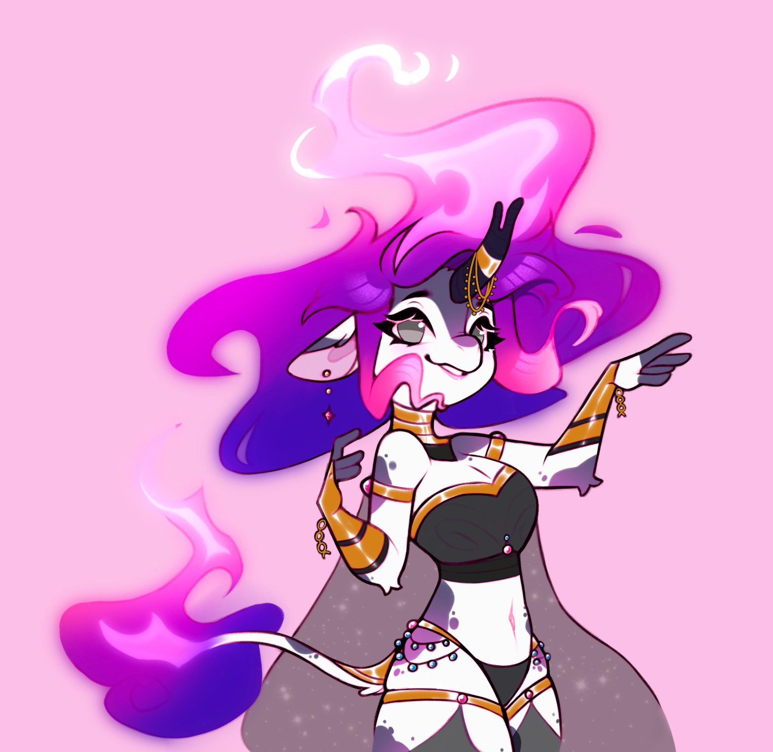 white and purple anthropomorphic kirin with rainbow flaming hair 