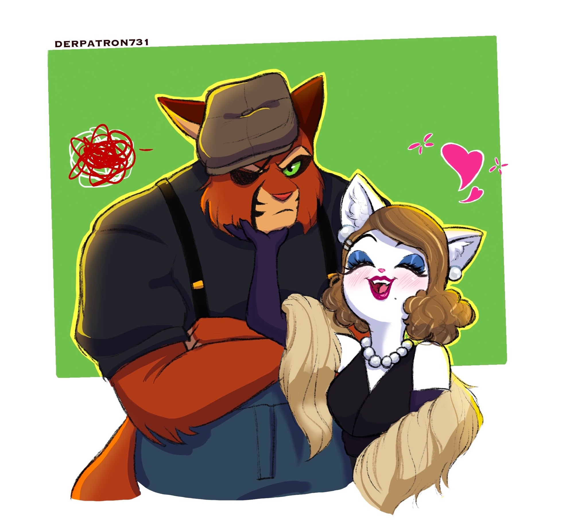 Lackadaisy character Viktor glaring next to Derpatron731’s original character Florece. Florece is cradling his chin in her hand with a closed eye smile.