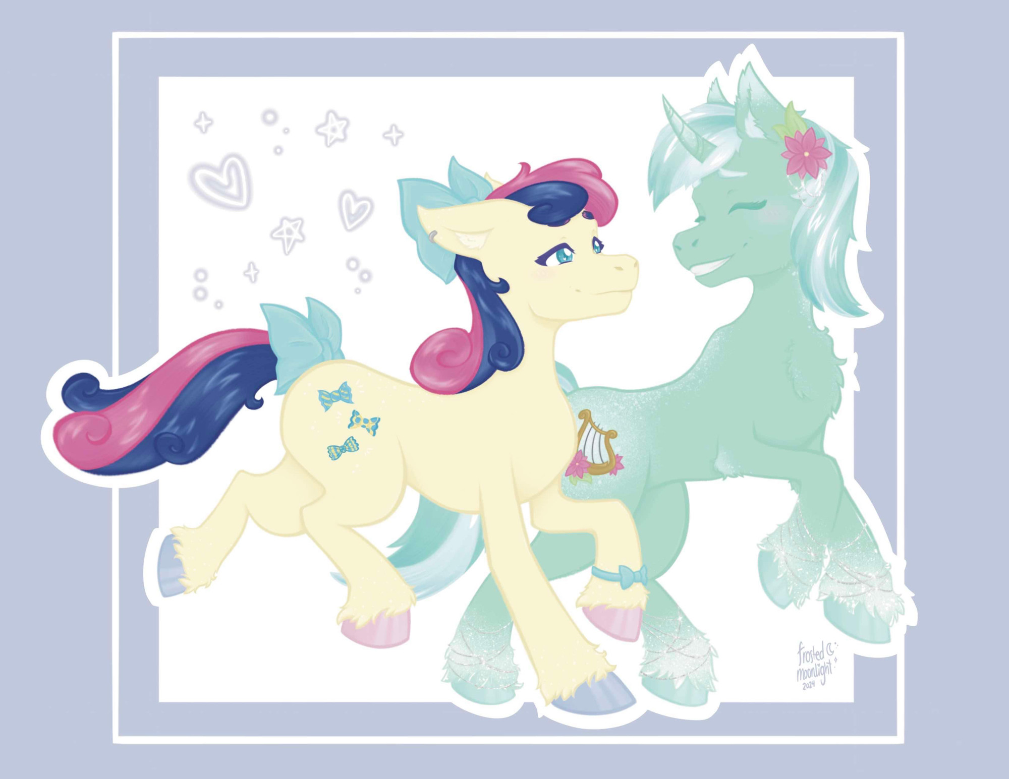 two ponies trot together and look at eachother longingly. The pony at the front with cream fur and pink and blue hair is Sweetie Drops/BonBon. The pony next to her, with mint fur and a lighter mint and white hair is Lyra Heartstrings. the entire art is on a light lavender background