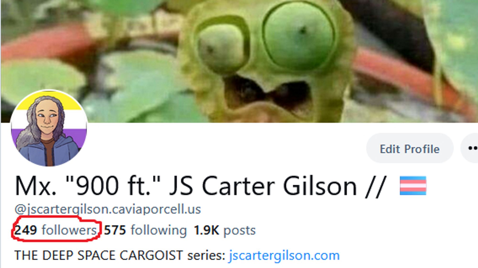 Profile listing for the post author. The header image is of a plant that looks like a cartoon who just got punched in the gut, with bulging eyes. The pfp is a picrew image of a nonbinary person with gray long hair and a high forehead, over a nonbinary pride flag.
Profile reads:
Mx. "900 ft." JS Carter Gilson // :transflag:
@jscartergilson.caviaporcell.us
249 followers (circled in red) 575 following 1.9K posts
THE DEEP SPACE CARGOIST series: jscartergilson.com