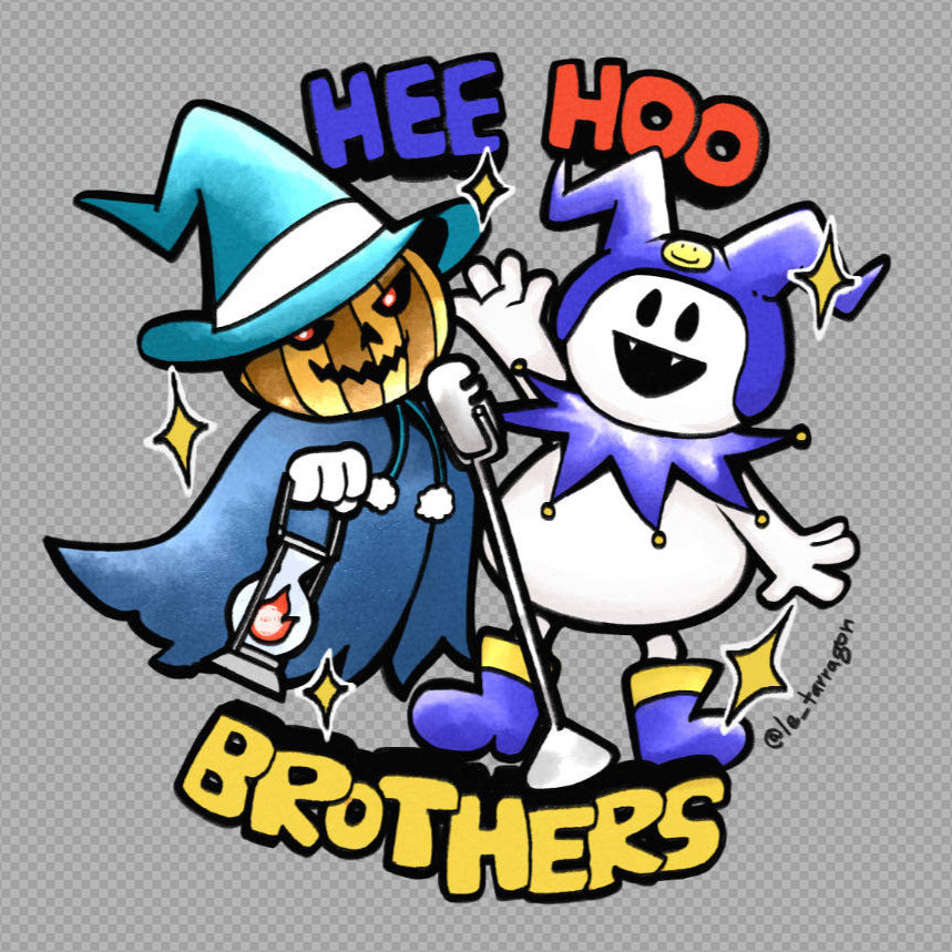 A digital drawing of Jack Frost and Jack o Lantern with a standing microphone, from the Shin Megami Tensei series with the text Hee Hoo Brothers.