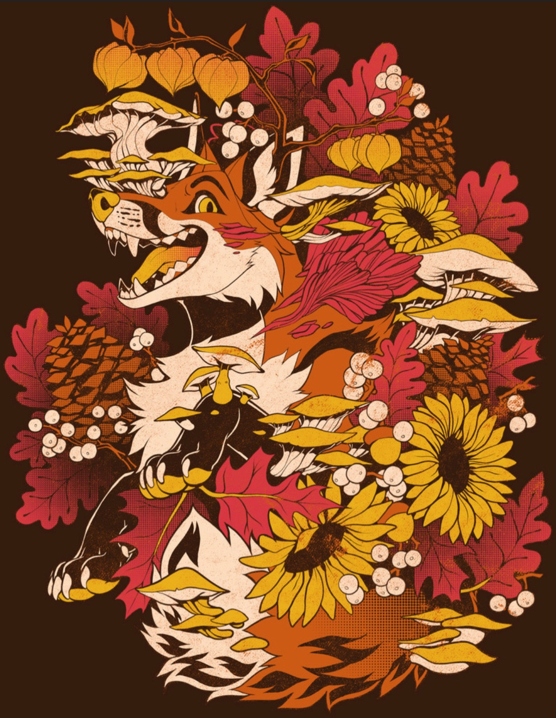 An image of a smiling fox with a variety of fall themes plants growing out of them. Mushrooms, sunflowers, oak leaves, pinecones, and berries.