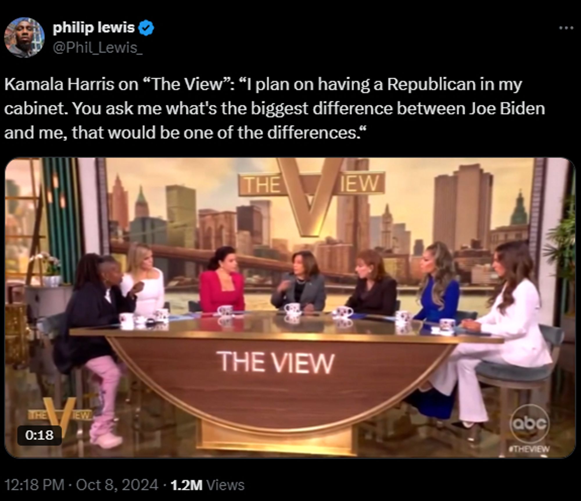 Kamala Harris on “The View”: “I plan on having a Republican in my cabinet. You ask me what's the biggest difference between Joe Biden and me, that would be one of the differences.“