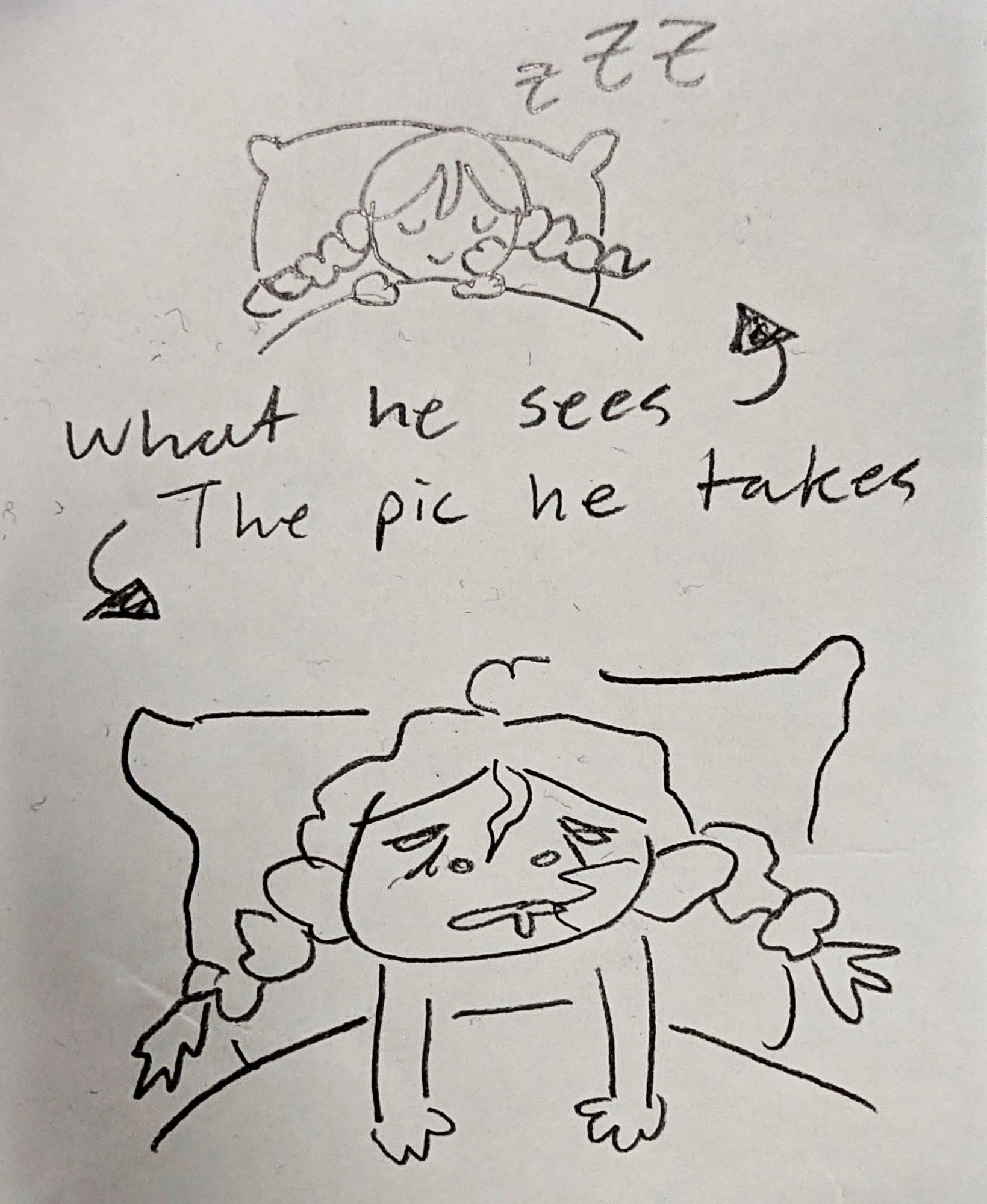 Two drawings of Nascha sleeping.
One is a cute chibi nicely tucked into bed with the caption "what he sees"
The other is a poorly done wobbly rendition done with the wrong hand captioned "the pic he takes"