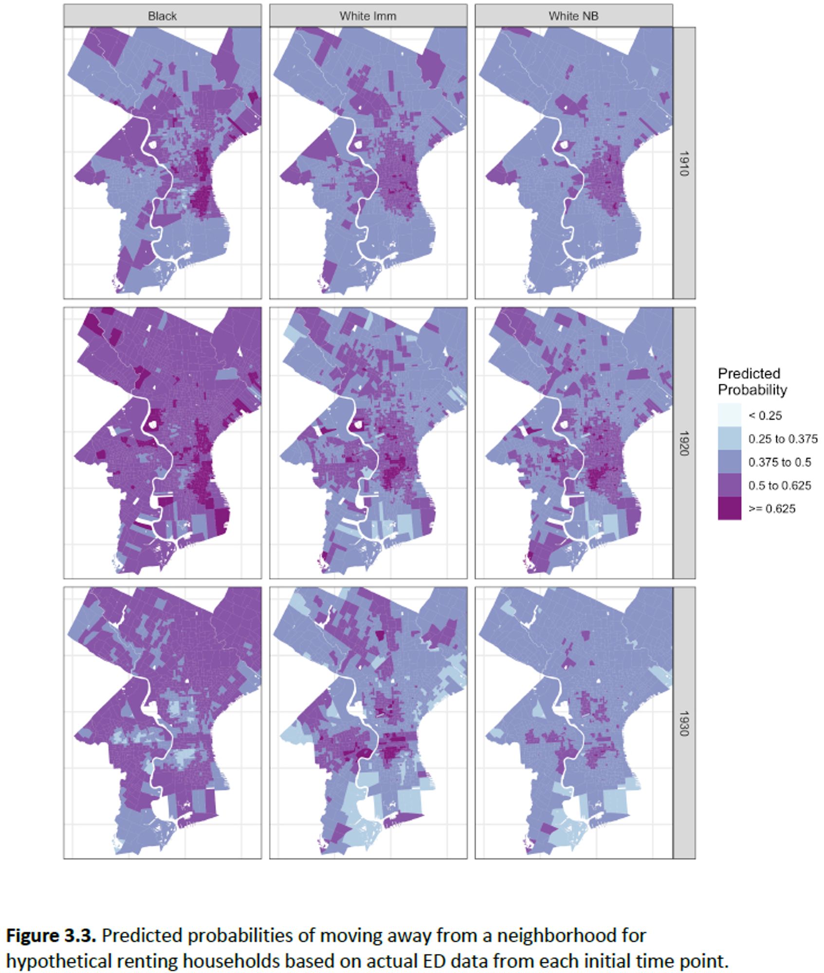 Figure 3.3. Predicted probabilities of moving away from a neighborhood for hypothetical renting households. In the maps, white households are leaving black areas, and black households are leaving everywhere else.