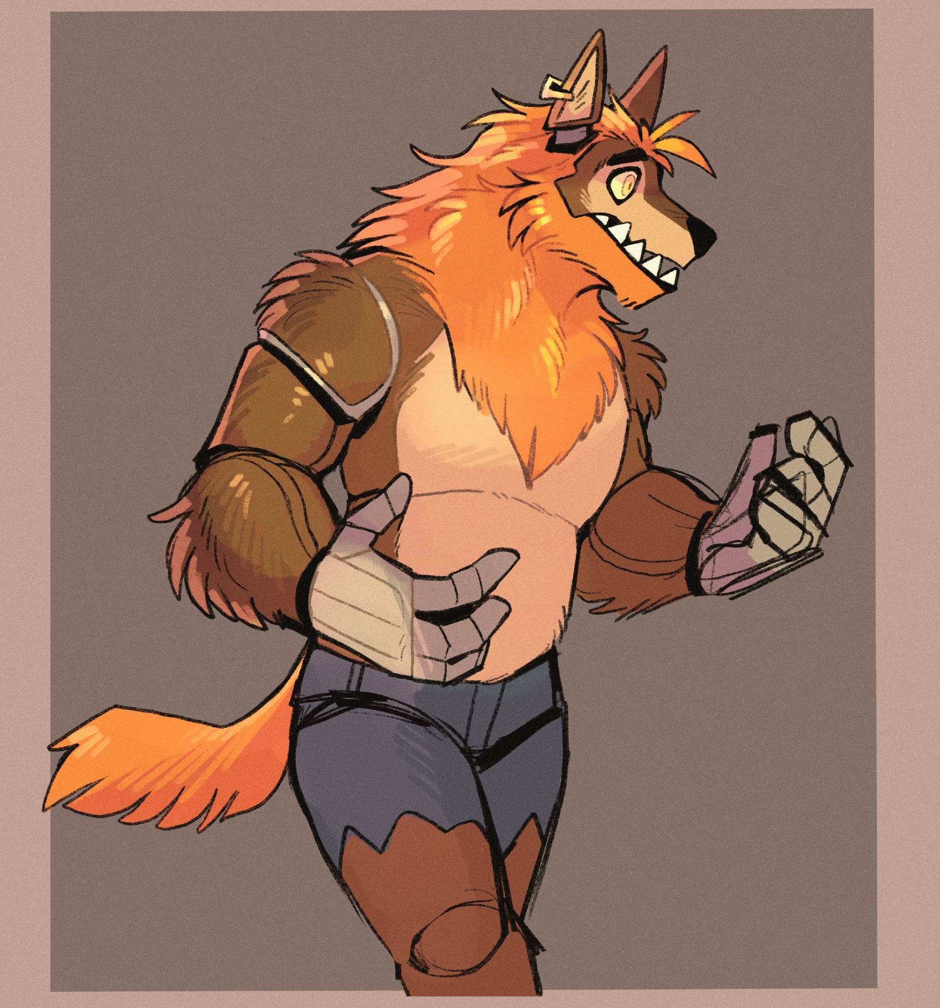 the moody ginger werewolf August as a fuzzy FNAF style animatronic. He has a concerned expression