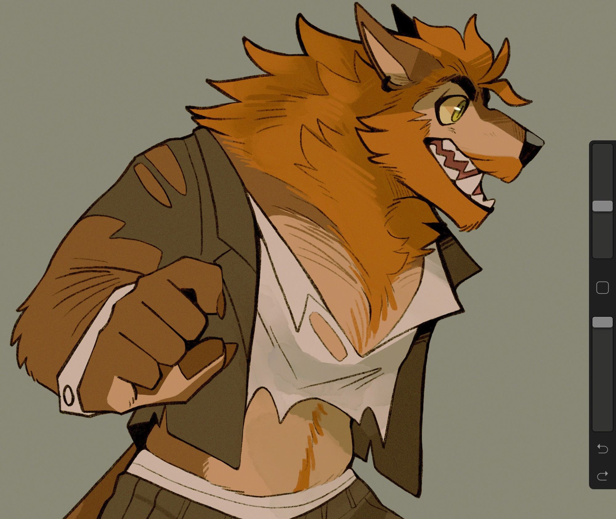 August the redheaded werewolf standing waist up in a torn suit looking to the right