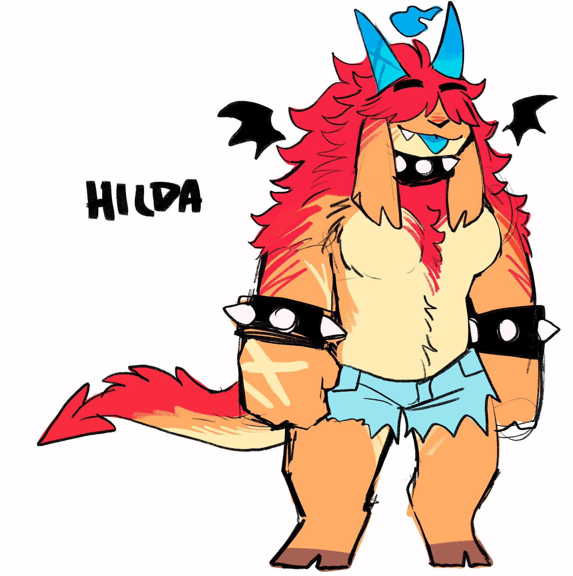 a broad, beefy fluffy hellhound monster girl with a sweet smile and blep. Slightly chibi style