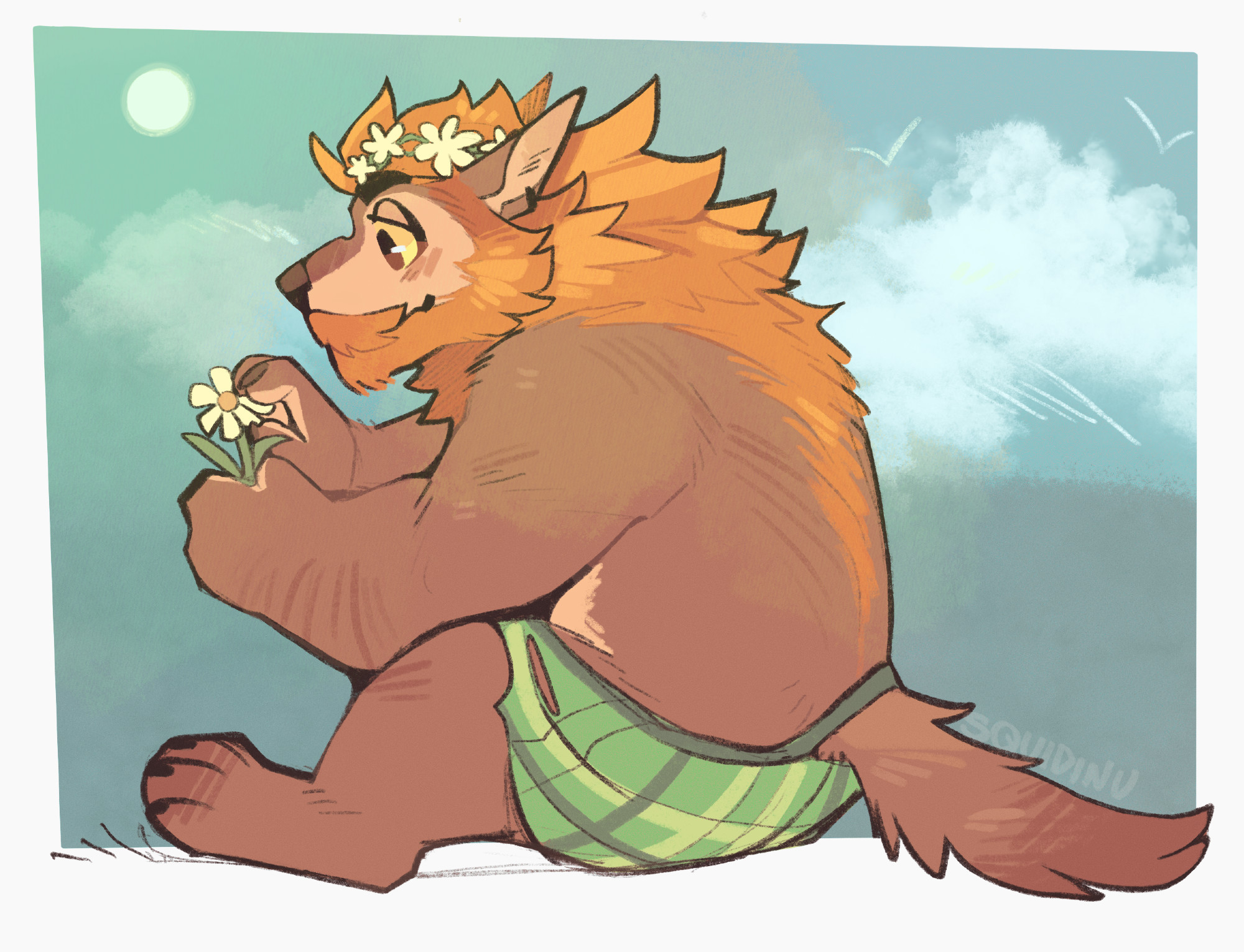 a comfy colored sketch of August the werewolf picking petals off a daisy and wearing a flower crown