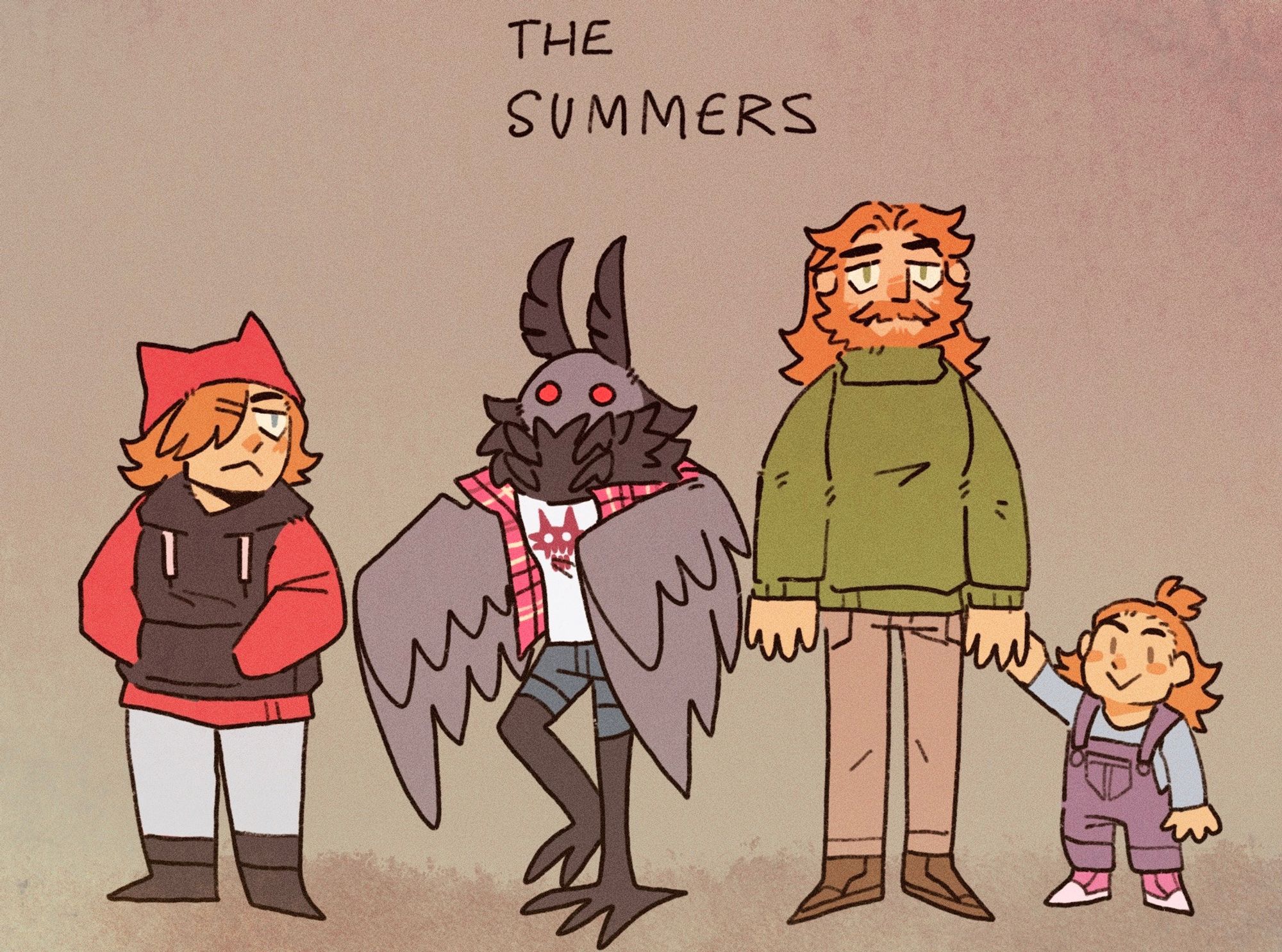 doodle of the Summers family, they're a pack of three werewolves headed by the single dad August. Left is Gus' little sister Hazel, then Atlas the moth, August himself, and August's daughter June