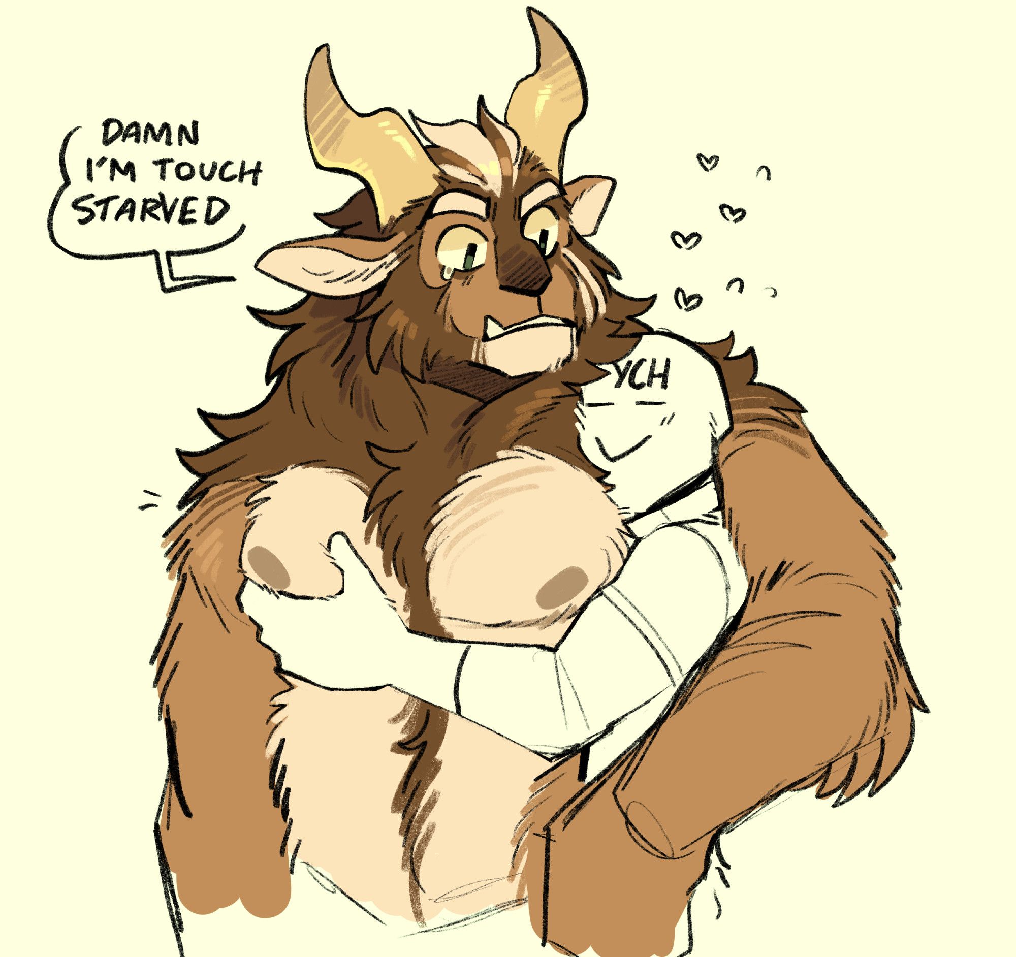 A silly ych sketch interaction with a teary eyed beast prince Orion- he says "Damn I'm touch starved"