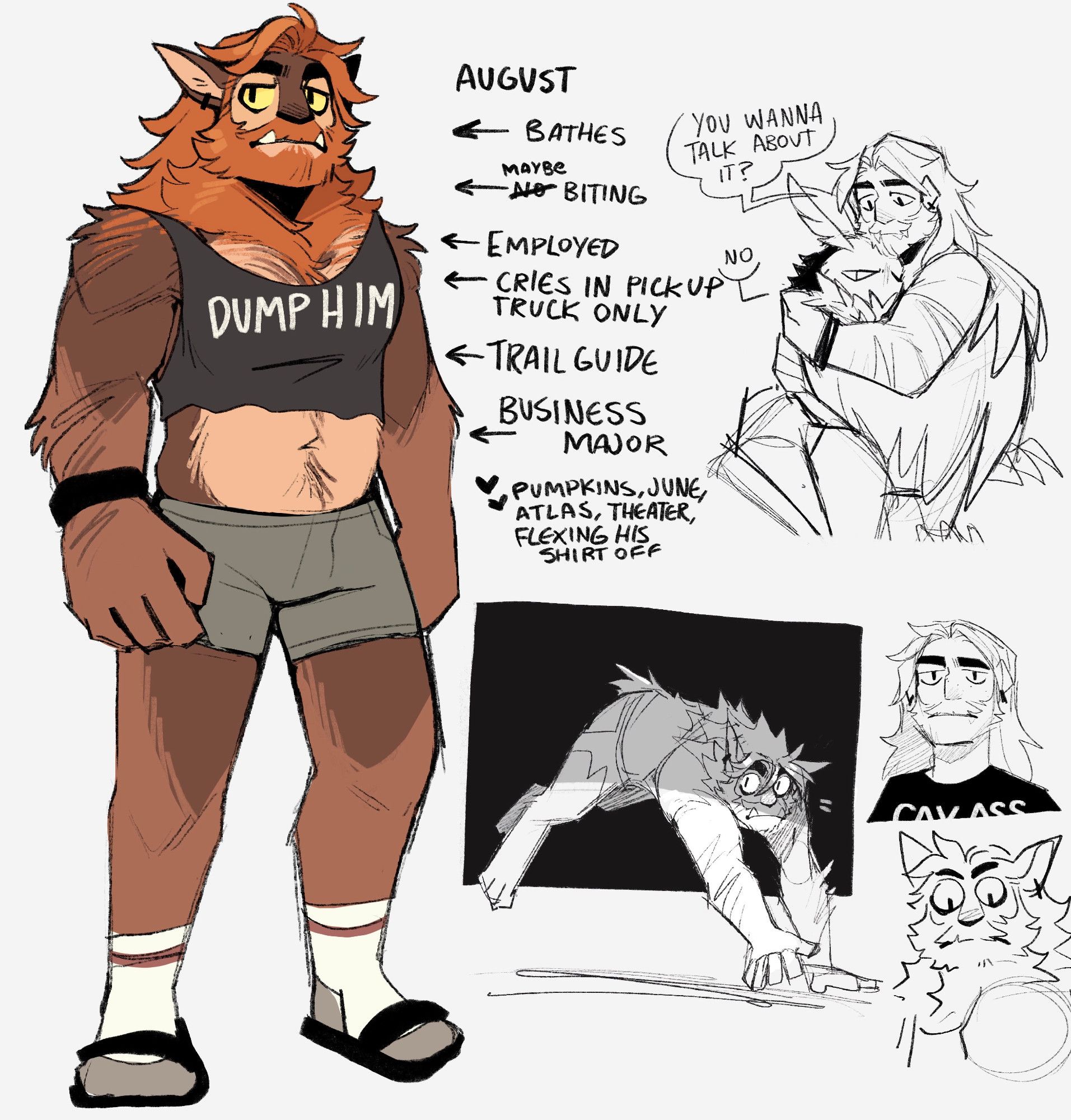 various doodles of August the search and rescue werewolf dad. notes read- "August, Bathes, Employed, Cries in pick-up truck only, Trail guide, Business major, Loves Pumpkins, June (that's his daughter), Atlas, Theater, Flexing his shirt off"