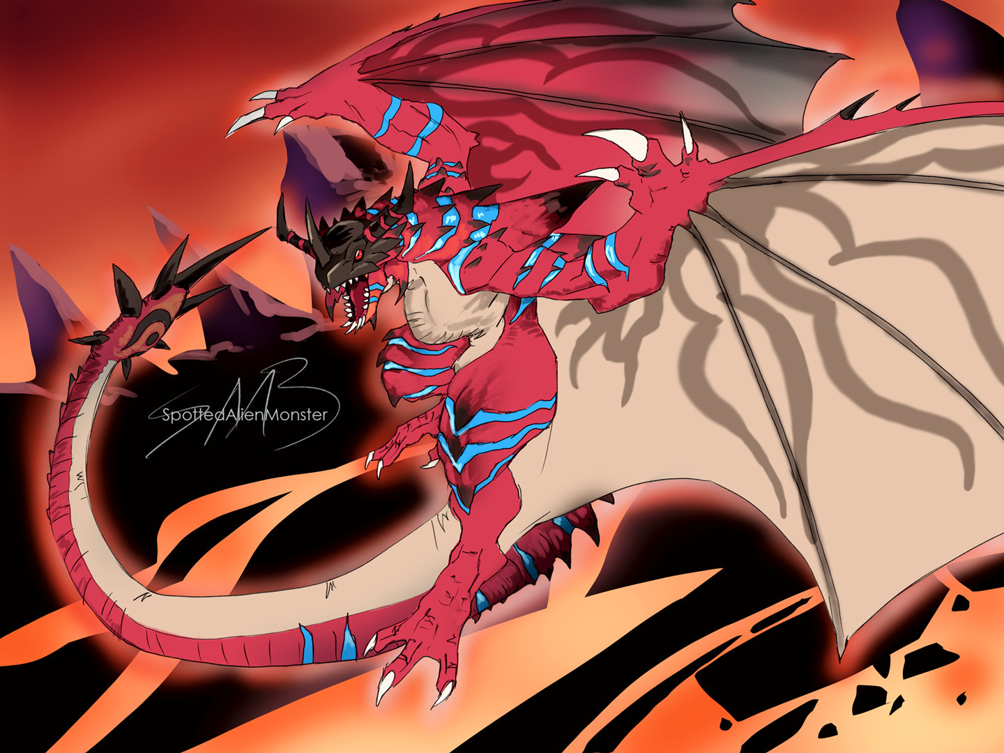 A fusion of Rathalos and Greymon (Laeus Greymon/ReusGreymon) flying over a field of lava, with mountains in the background.