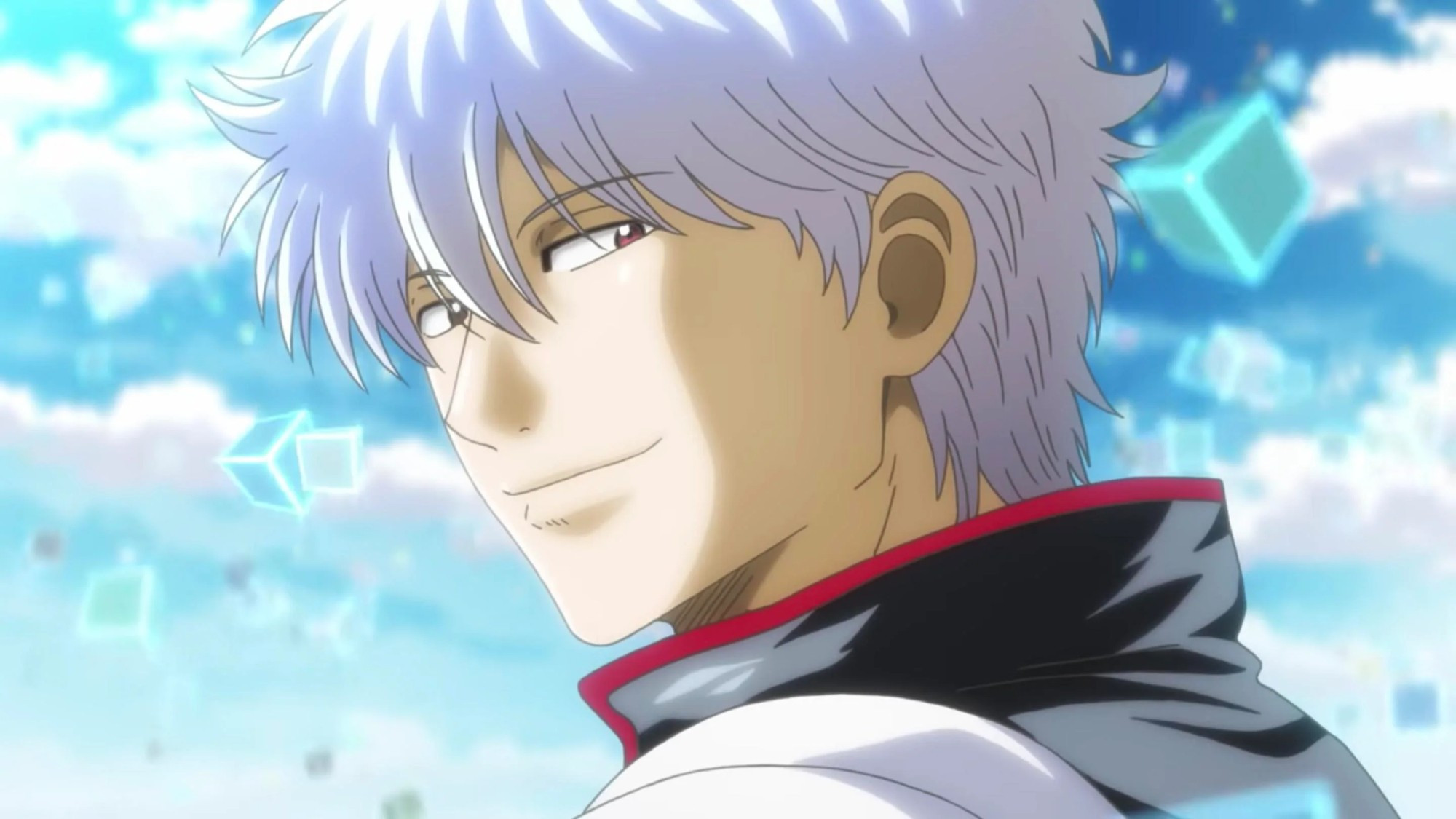 gintoki do anime gintama sorrindo olhando para a tela, ele tem cabelos prateados e olhos vermelhos