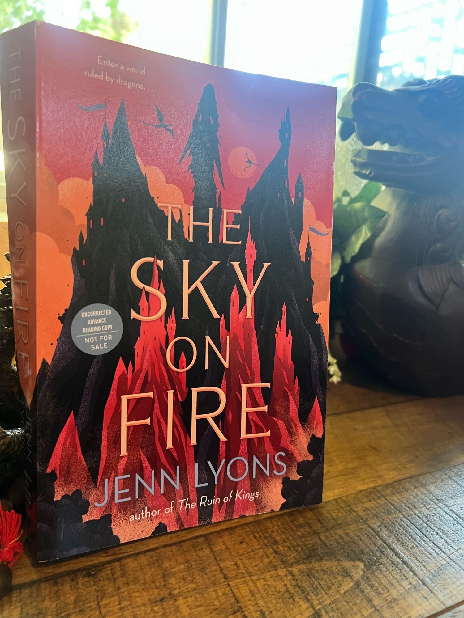 A picture of a physical book called The Sky on Fire featuring a syllabus dragon and mountain riding above an equally stylish mountain/city.