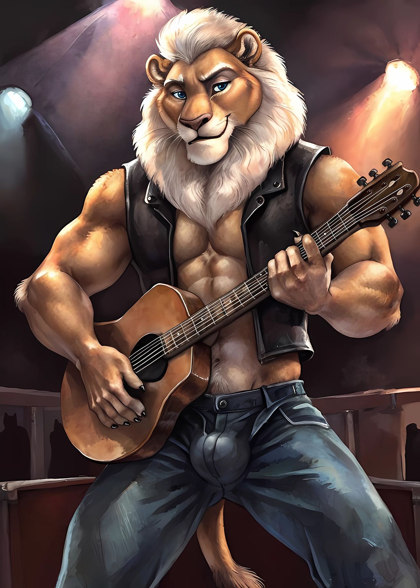 Clay Calloway, the famous rock star anthro male lion from the movie Sing 2, making a return to the musical scene by playing classical guitar on stage