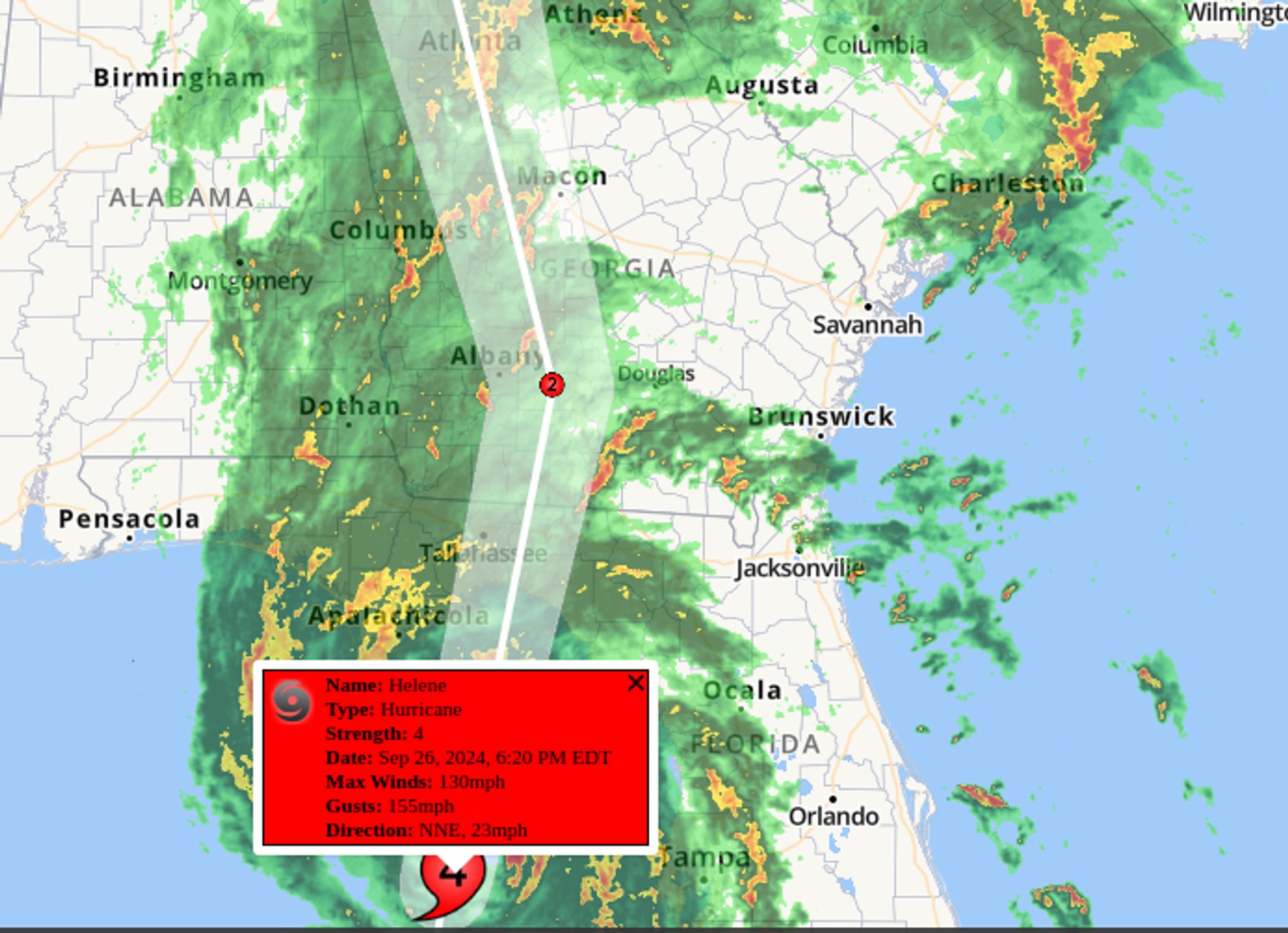 Current radar/weather map showing Hurricane Helene approaching the Florida Panhandle as a Category 4 storm. Sustained winds of 130mph, with gusts up to 155mph.  As the storm proceeds into south Georgia, estimated to still be a Category 2 hurricane more than 100 miles inland.