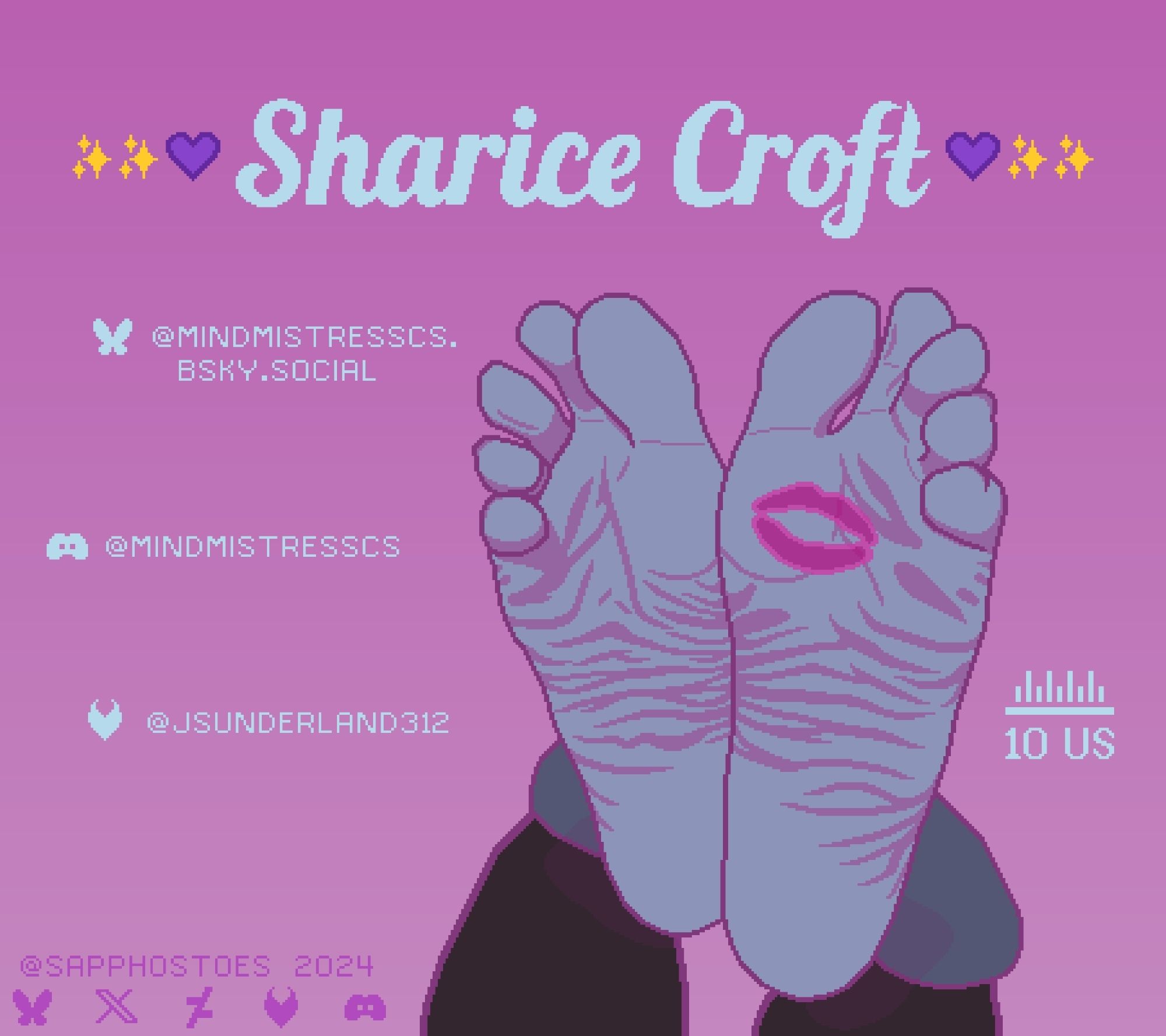 Illustration of Sharice Croft's feet with a pink lipstick kiss mark, pink and blue color scheme. Additional info: size 10 US, Sharice's social handles -- bsky: @mindmistresscs.bsky.social, Discord @mindmistresscs, Fetlife @Jsunderland312. Art by @SapphosToes 2024, check out on bsky, X / Twitter, DeviantArt, Fetlife, and Discord