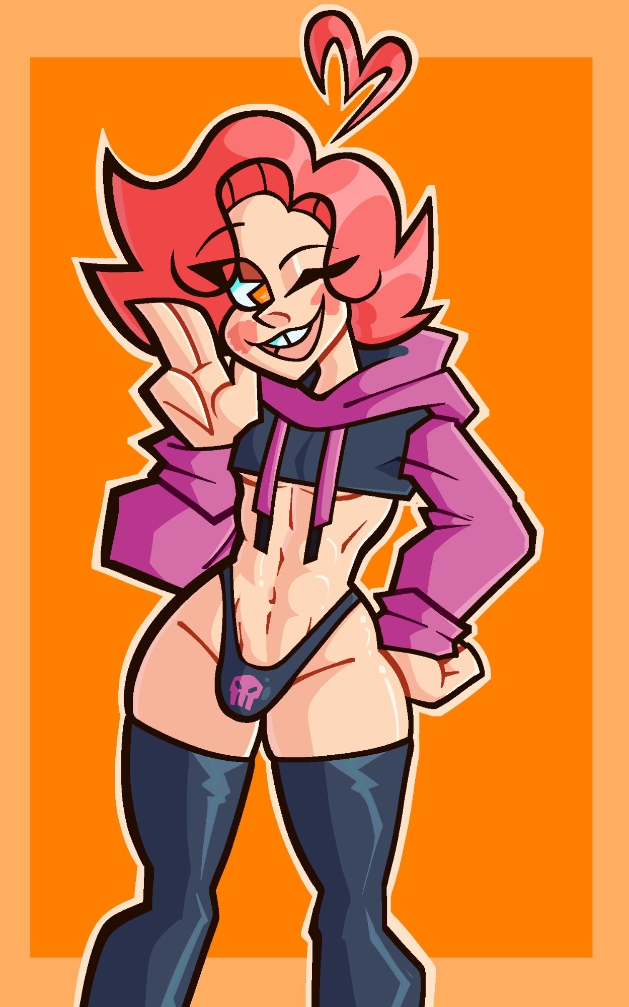 My femboy chara, Queen, posing in a cropped hoodie outfit.