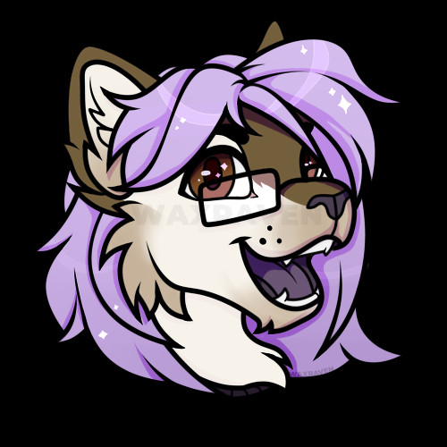 An opened mouth grinning cat-faced anthro facing right, with a sort of toasted cream fur and a brown strip down the top of his muzzle. He has medium length lavender hair and brown eyes. There is shimmers that look like stars in his hair and eyes.