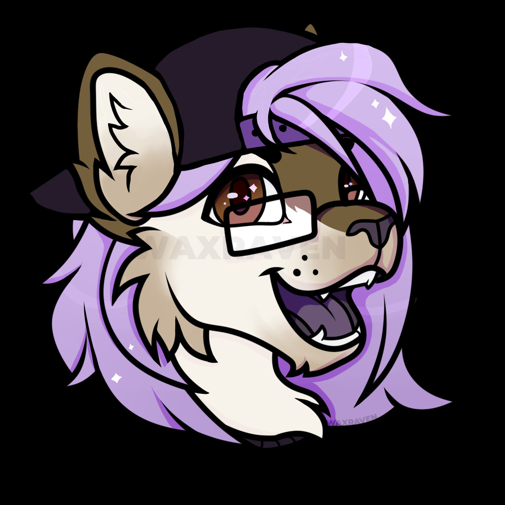 Same as first image, but with a dark purple baseball cap backwards on his head, an opened mouth grinning cat-faced anthro facing right, with a sort of toasted cream fur and a brown strip down the top of his muzzle. He has medium length lavender hair which has bangs coming out the hole in the back of the cap, and brown eyes. There is shimmers that look like stars in his hair and eyes.