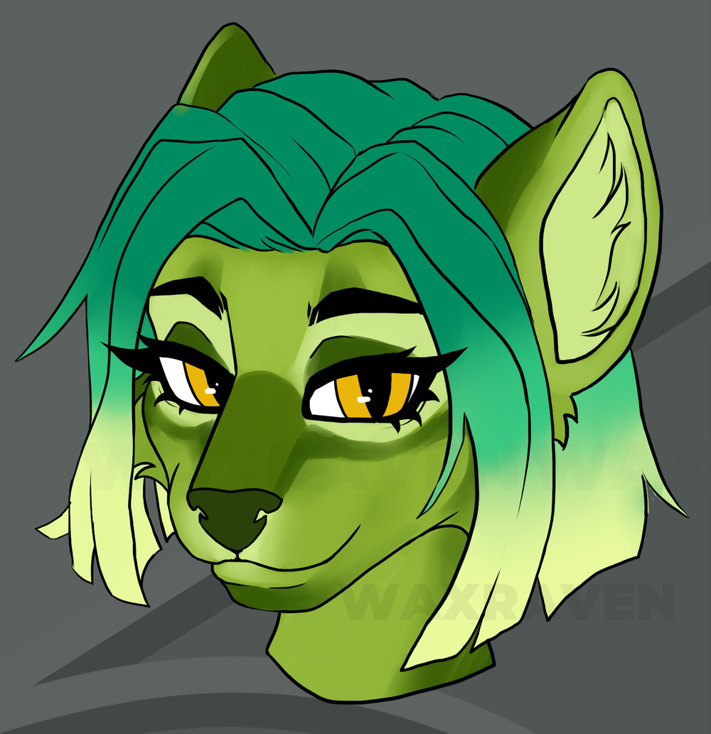 A head shot of a short muzzled anthropomorphic woman with green fur and slightly feline features. She is a mix of an asian golden cat and jaguarundi. The markings are a mix of deeper green and lighter green. Her eyes are golden yellow and her hair is teal that fades to white on the tips with a blunt cut a bit like a bob.