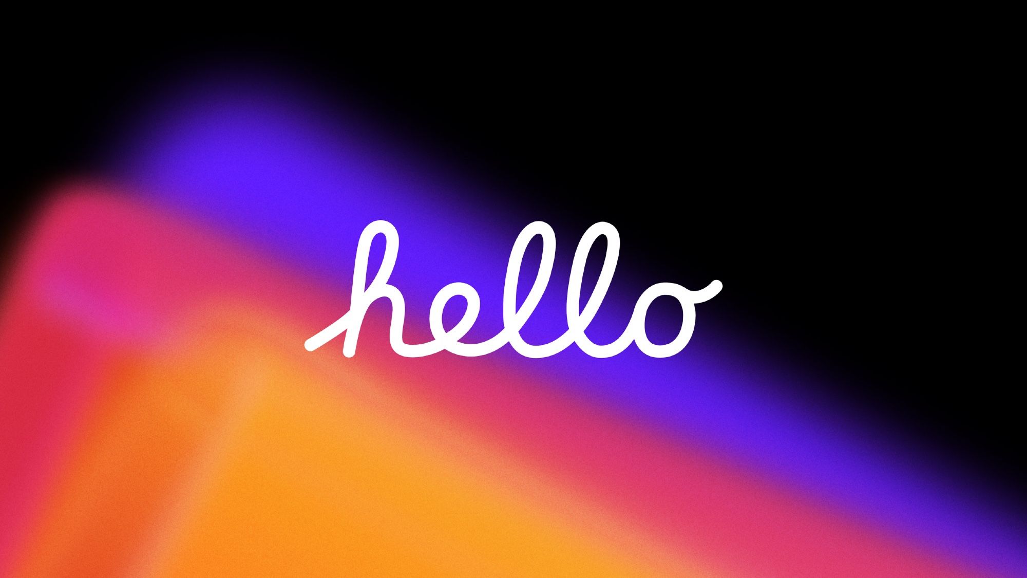 Classic Apple Computer “hello” in white cursive over blocks of purple, pink, and yellow. 