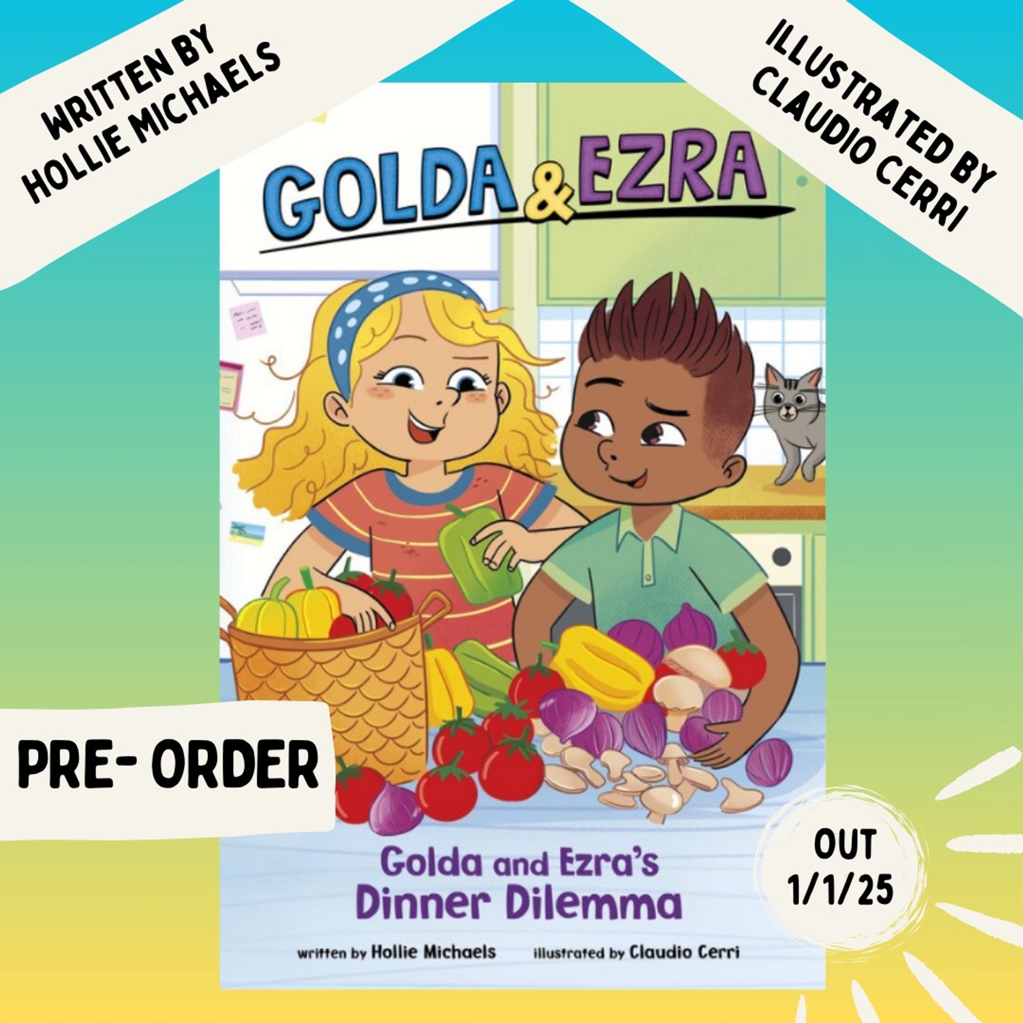 The illustrated cover of a chapter book - Golda and Ezra’s Dinner Dilemma. Two kids looking at a basket of veggies.