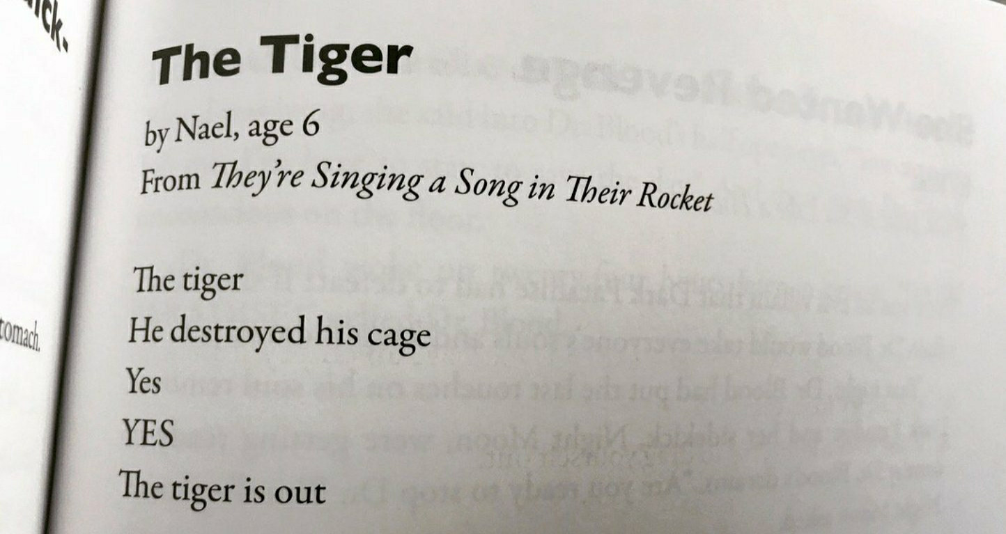 The Tiger
By Nael, age 6
From They're Singing a Song in Their Rocket

The tiger
He destroyed his cage
Yes
YES
The tiger is out