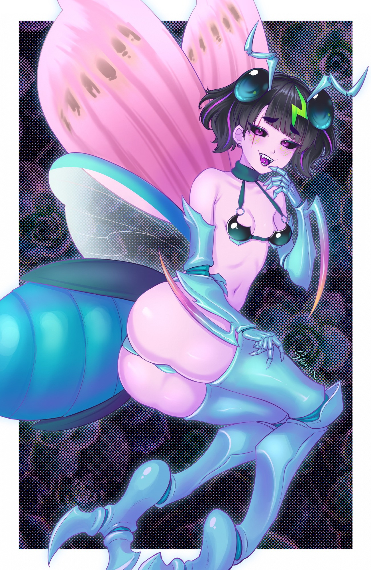 Vtuber Coqui wearing her praying mantis costume in a suggestive pose. Also ass