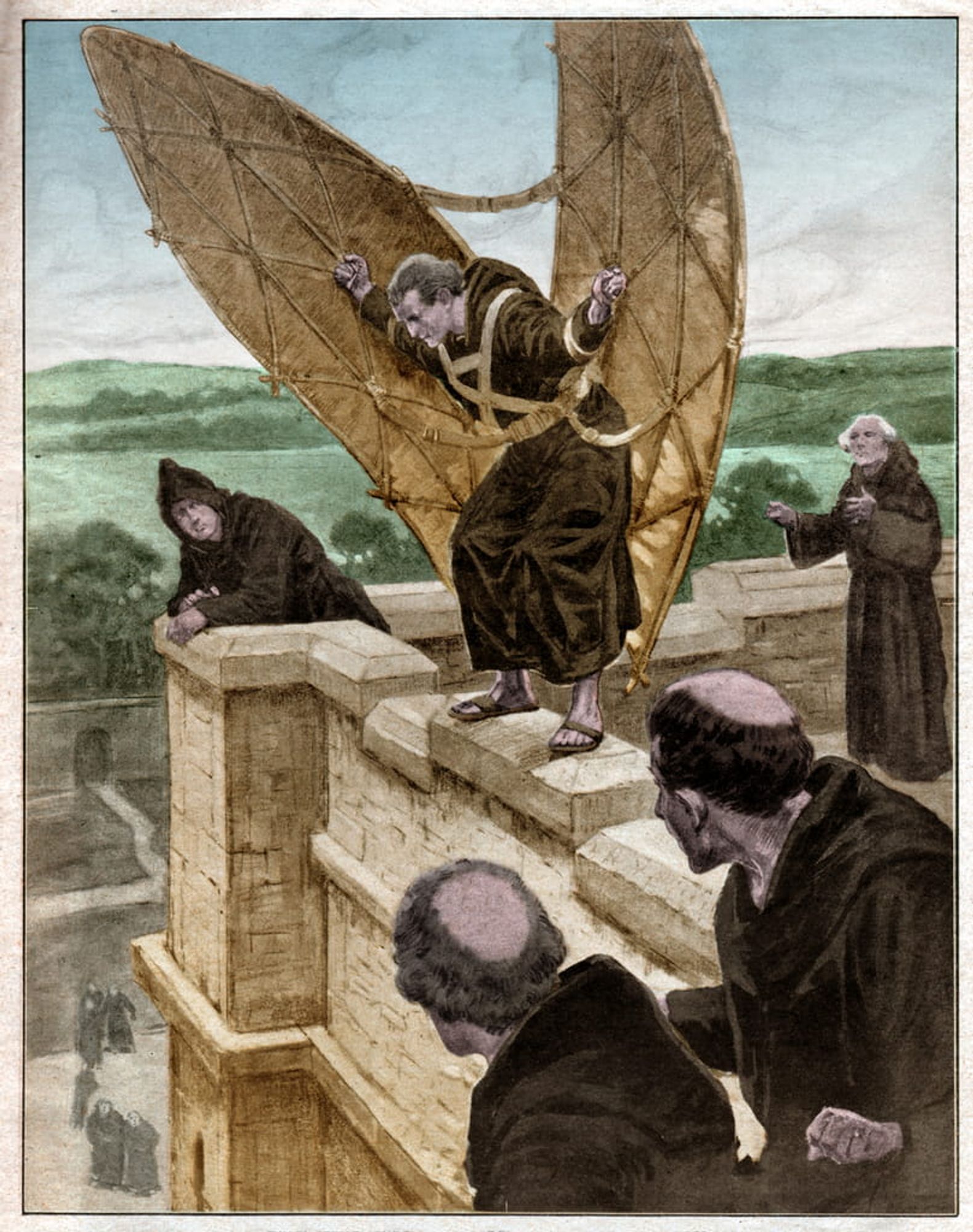 A monk wears hand-made wings of cloth and thin wood.  He perches on the edge of a high building.