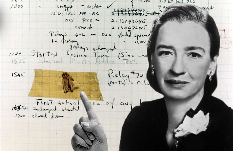 Grace Hopper, I think?  Points in composite at a bug taped in a log book.