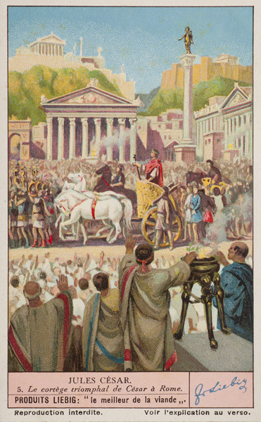 Julius Caesar wearing a purple toga in his triumph.  It's a trading card kind of thing.