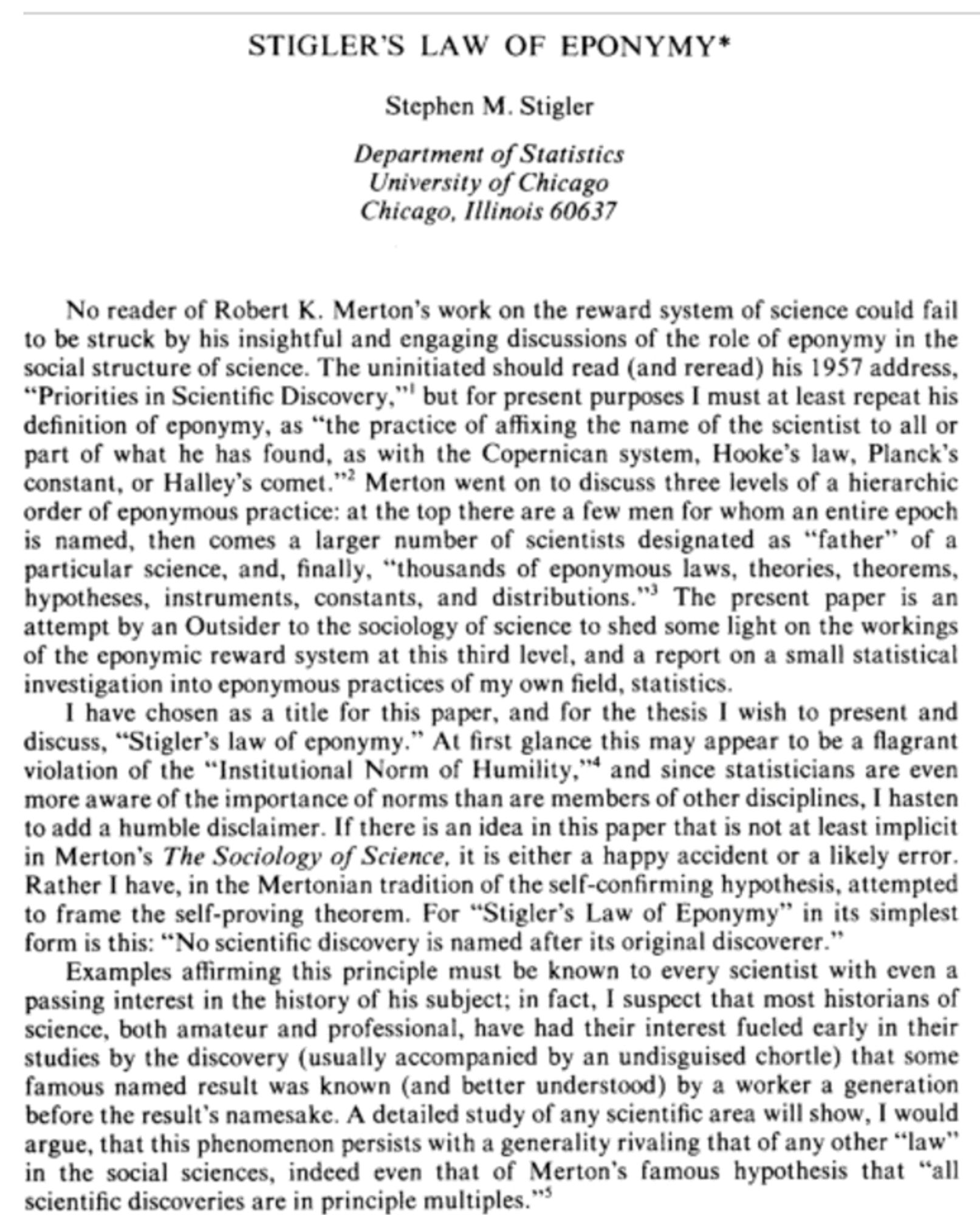 A screenshot of a paper called "Stigler's Law of Eponymy" by Stephen Stigler, 1980.

Web link is here:
https://nyaspubs.onlinelibrary.wiley.com/doi/10.1111/j.2164-0947.1980.tb02775.x