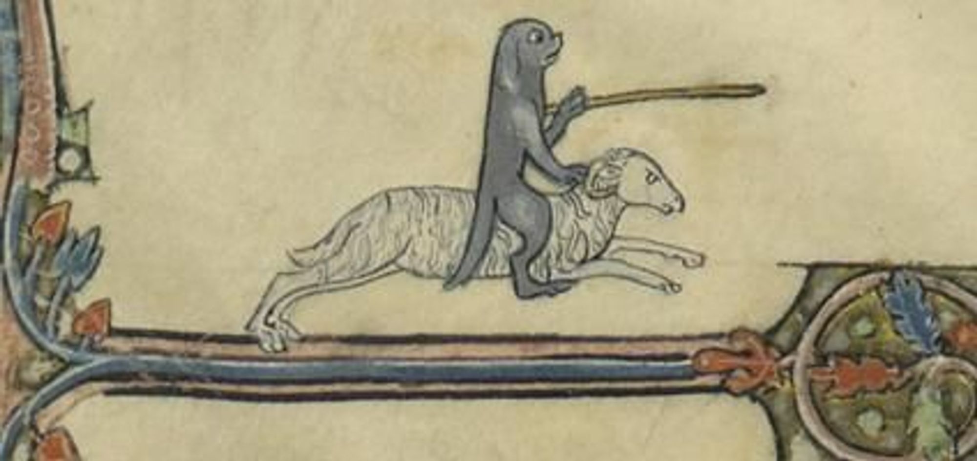 A dog or maybe a cat riding a sheep with a long stick resembling a cavalry lance.